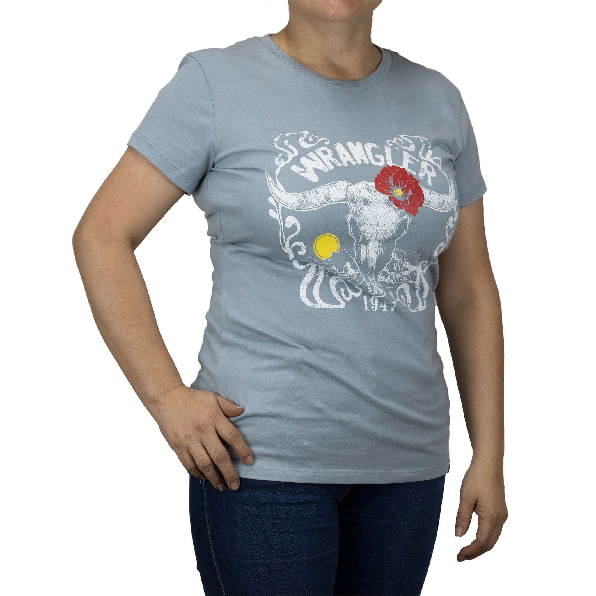 002 (5) PLAYERA WRANGLER ESTAMPADO RODEO AZUL CLARO
