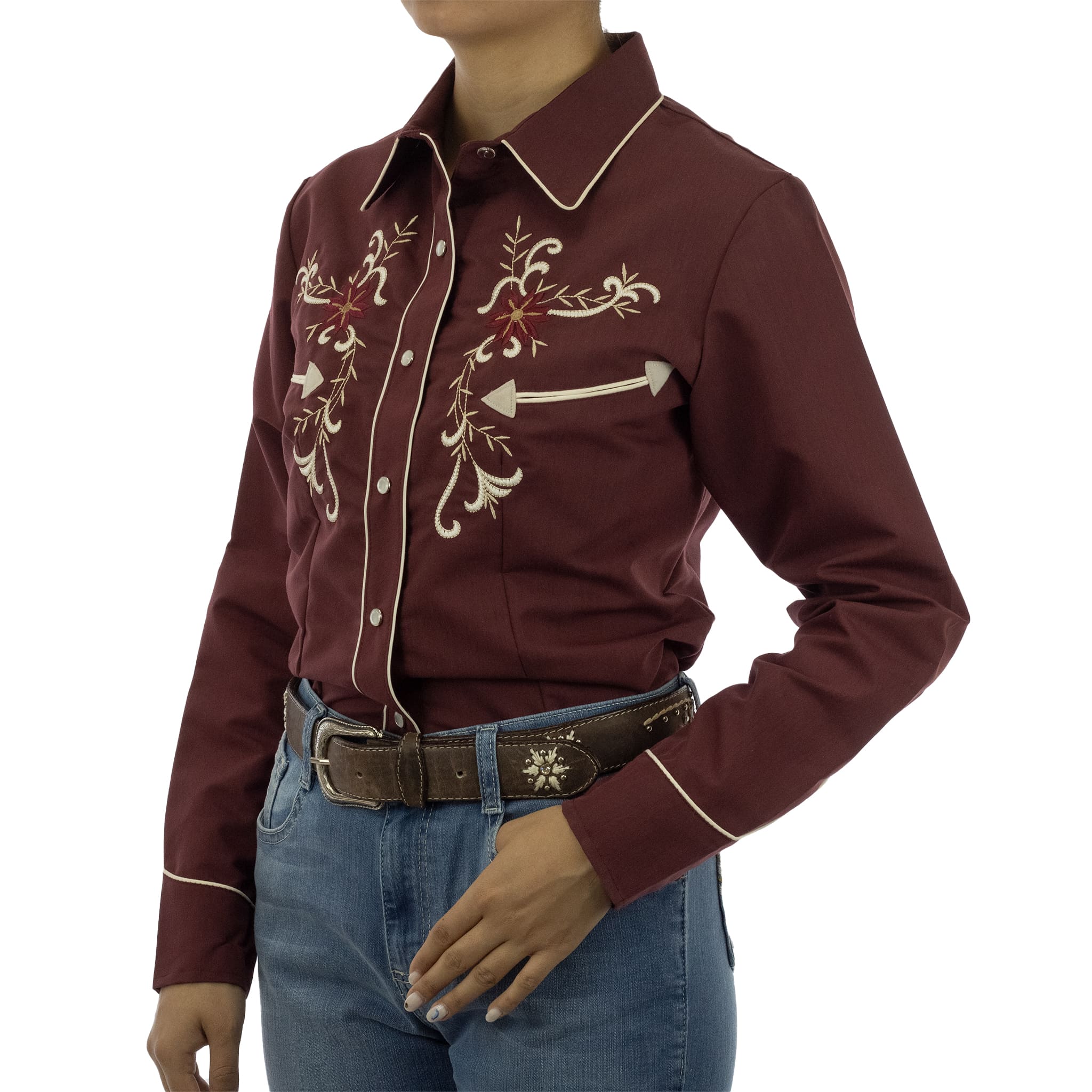 002 CAMISA ESPUELA DE ORO DE MANGA LARGA CHARRA VINO