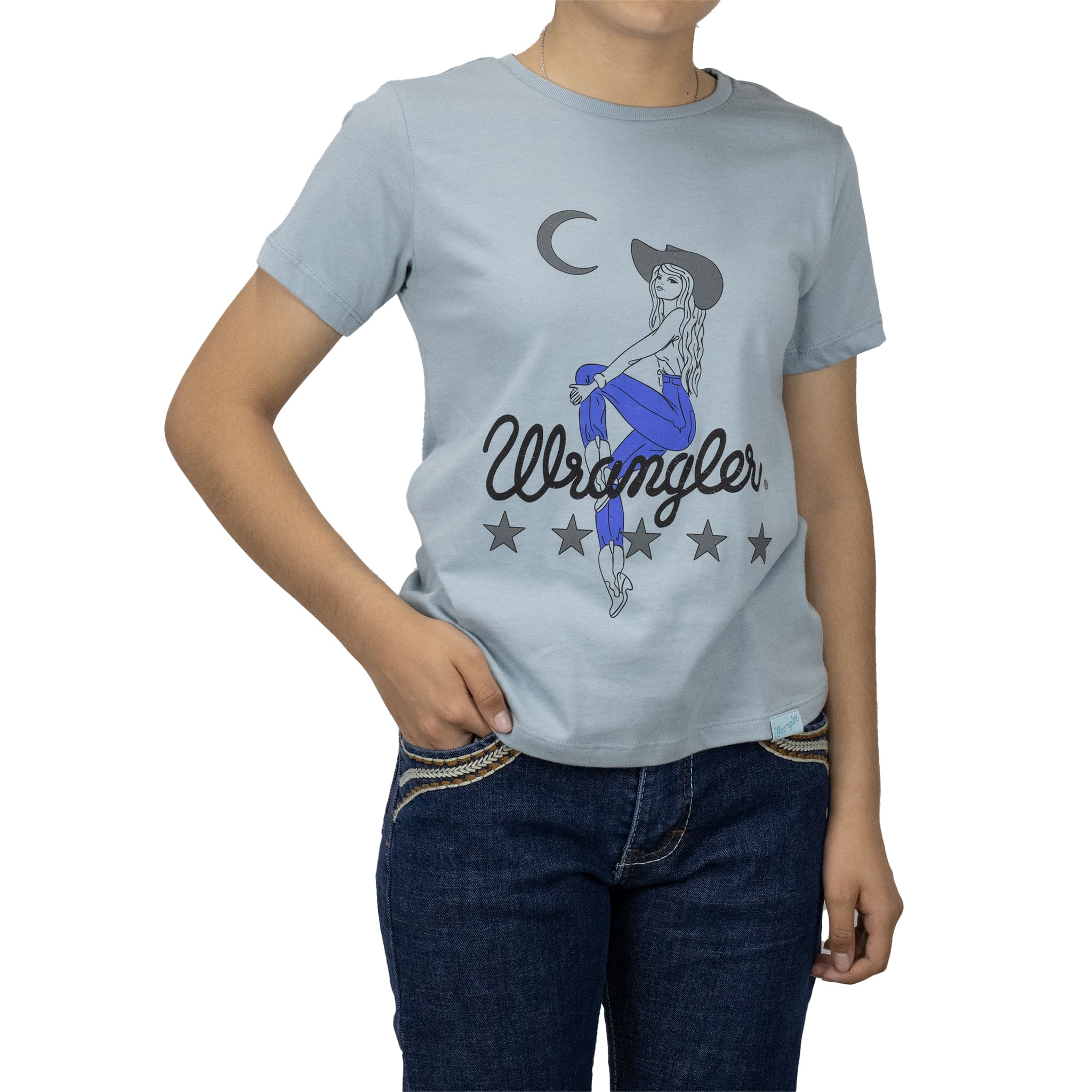 002 (77) PLAYERA WRANGLER ESTAMPADO RODEO AZUL CLARO
