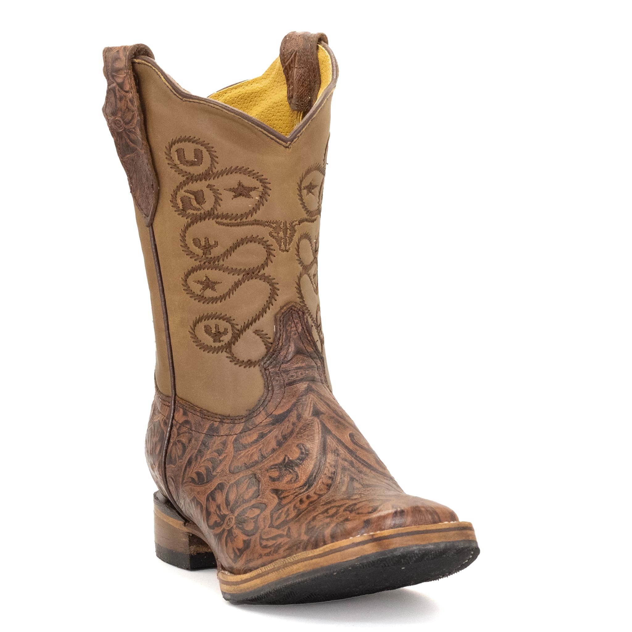 BOTA VAQUERO SM HORMA RODEO EN PIEL GRABADO CINCELADO COÑAC