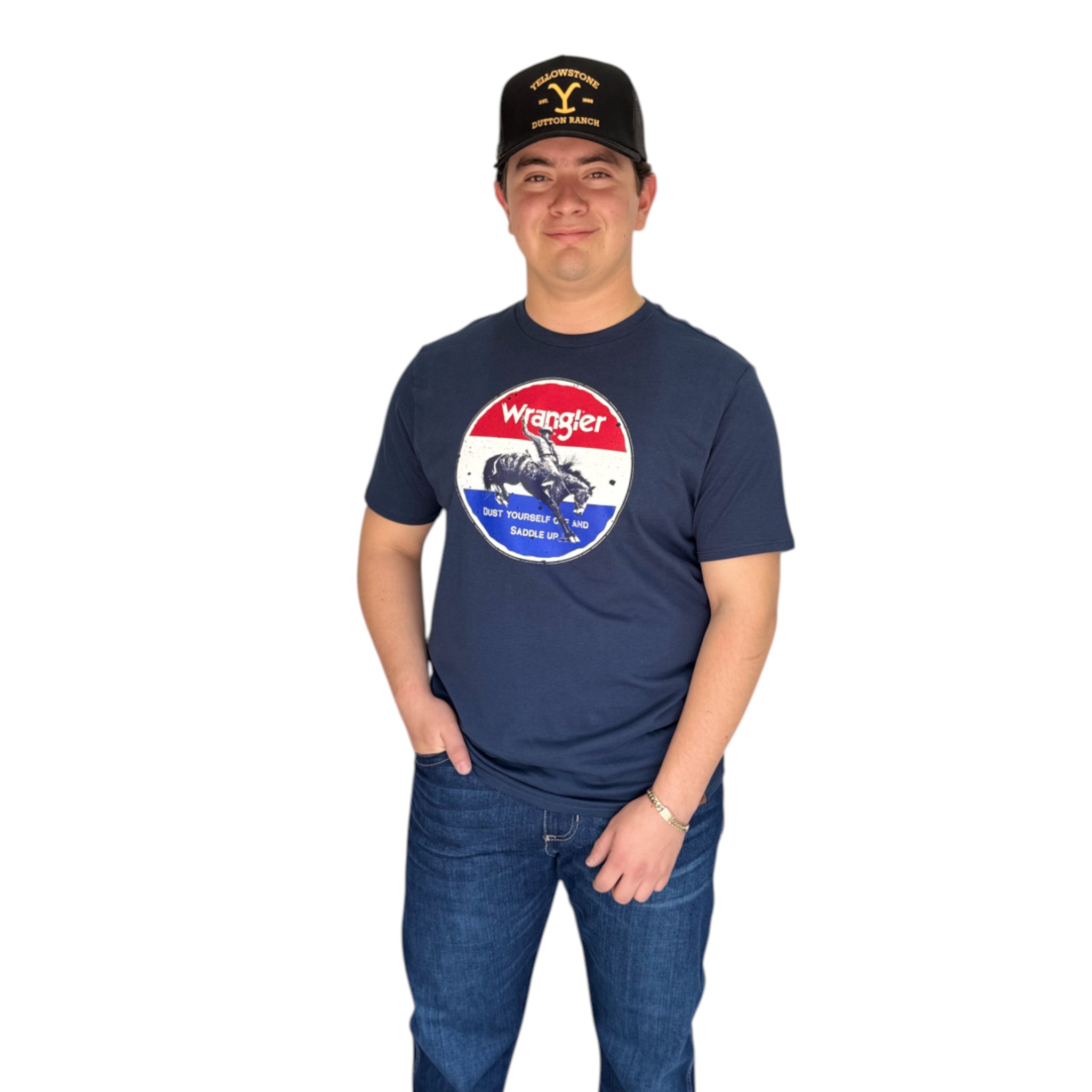 PLAYERA WRANGLER AZUL ESTAMPADO BRONCO