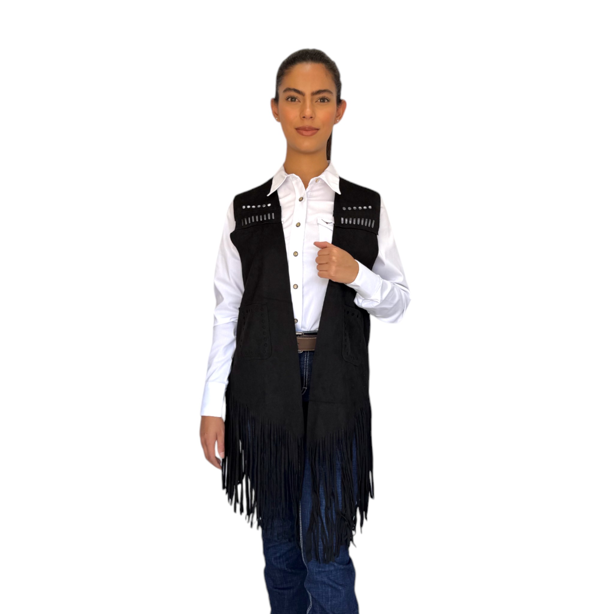 CHALECO RIDERS PARA DAMA CON FLECOS NEGRO