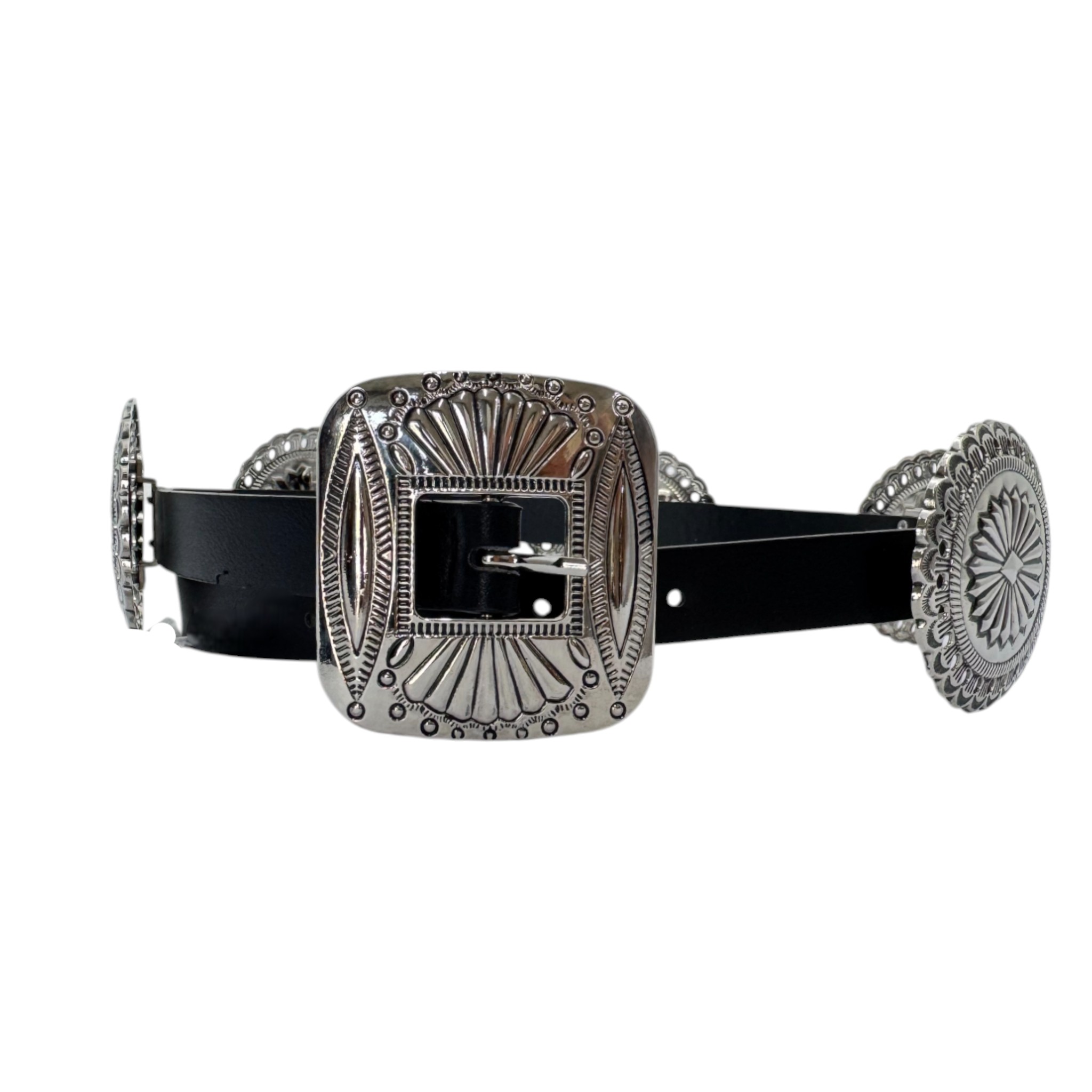 CINTO DAMA VINIPIEL NEGRO CON HERRAJES PLATA.