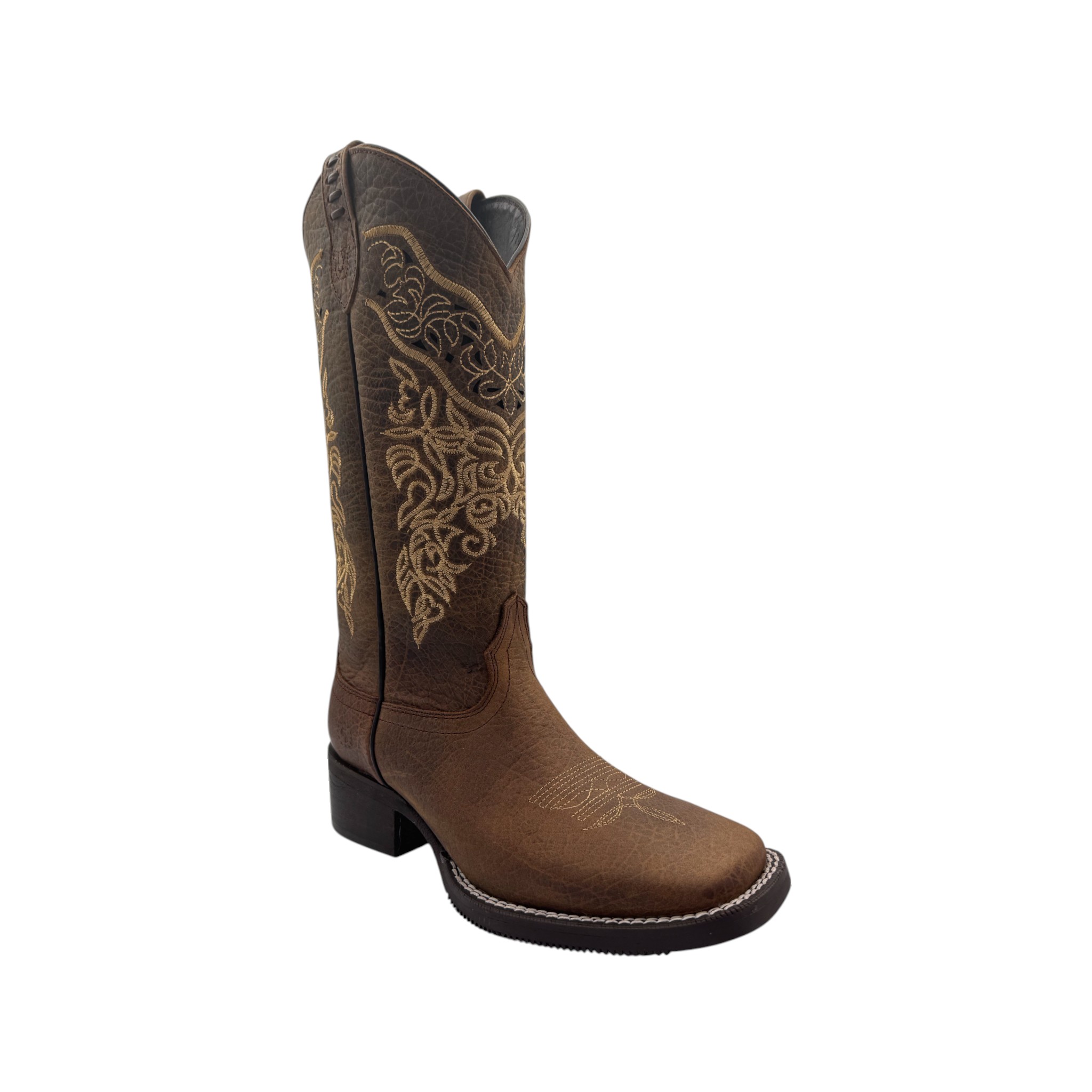 BOTA CABALLO DORADO EN HORMA RODEO EN BORDADO CON LASER NEVADO TANG.