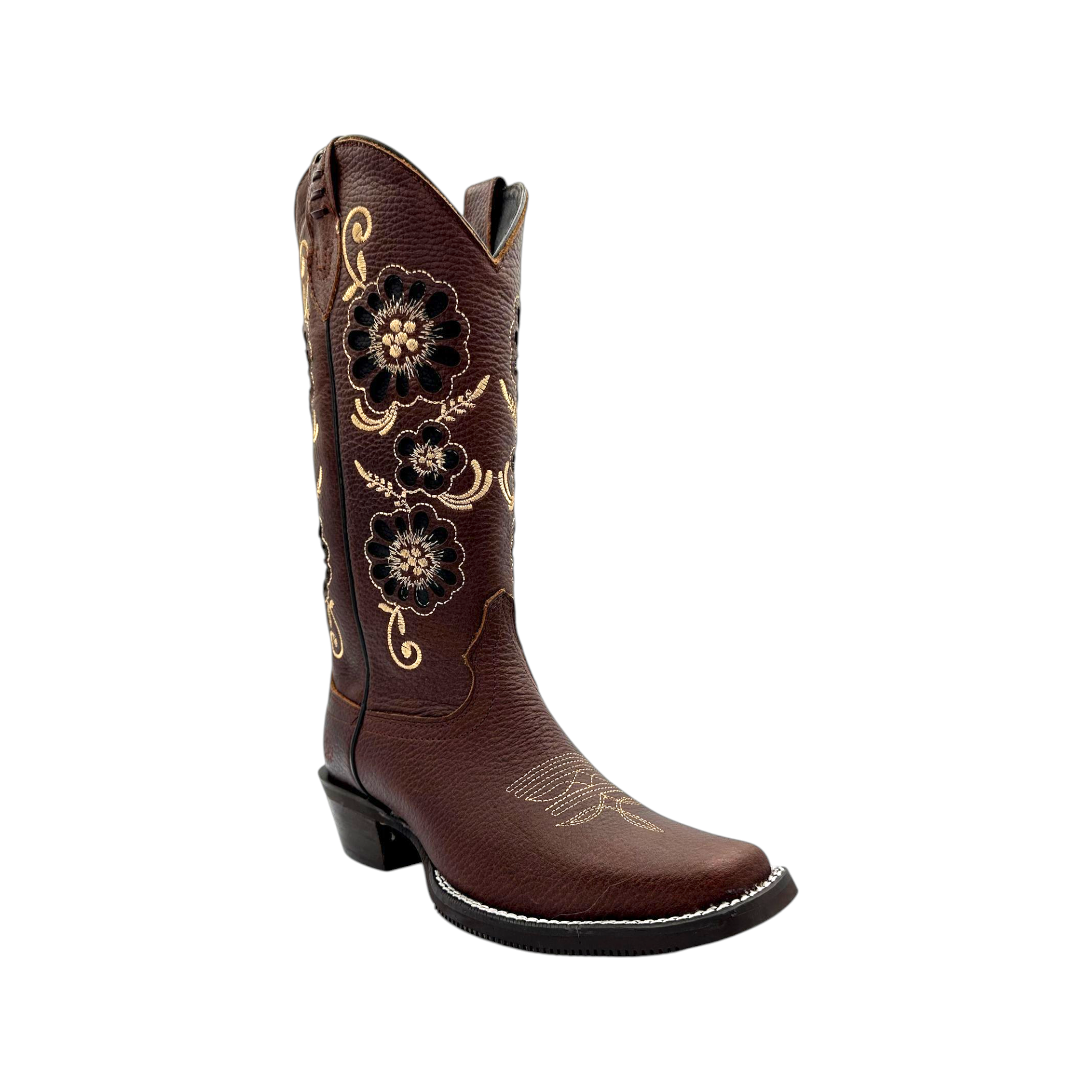BOTA CABALLO DORADO EN HORMA TROMPA DE PUERCO EN BORDADO LASER CAISON CAFÉ.