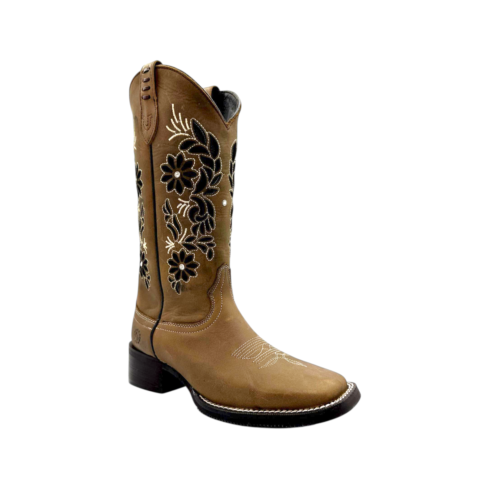 BOTA CABALLO DORADO EN HORMA RODEO EN BORDADO CON LASER CRAZY ARENA.