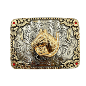 HEBILLA DE ALPACAR VAQUERA CUADRADA PIEDRAS ROJAS, PLATA/ORO MODELO HERRADURA CON CABALLO