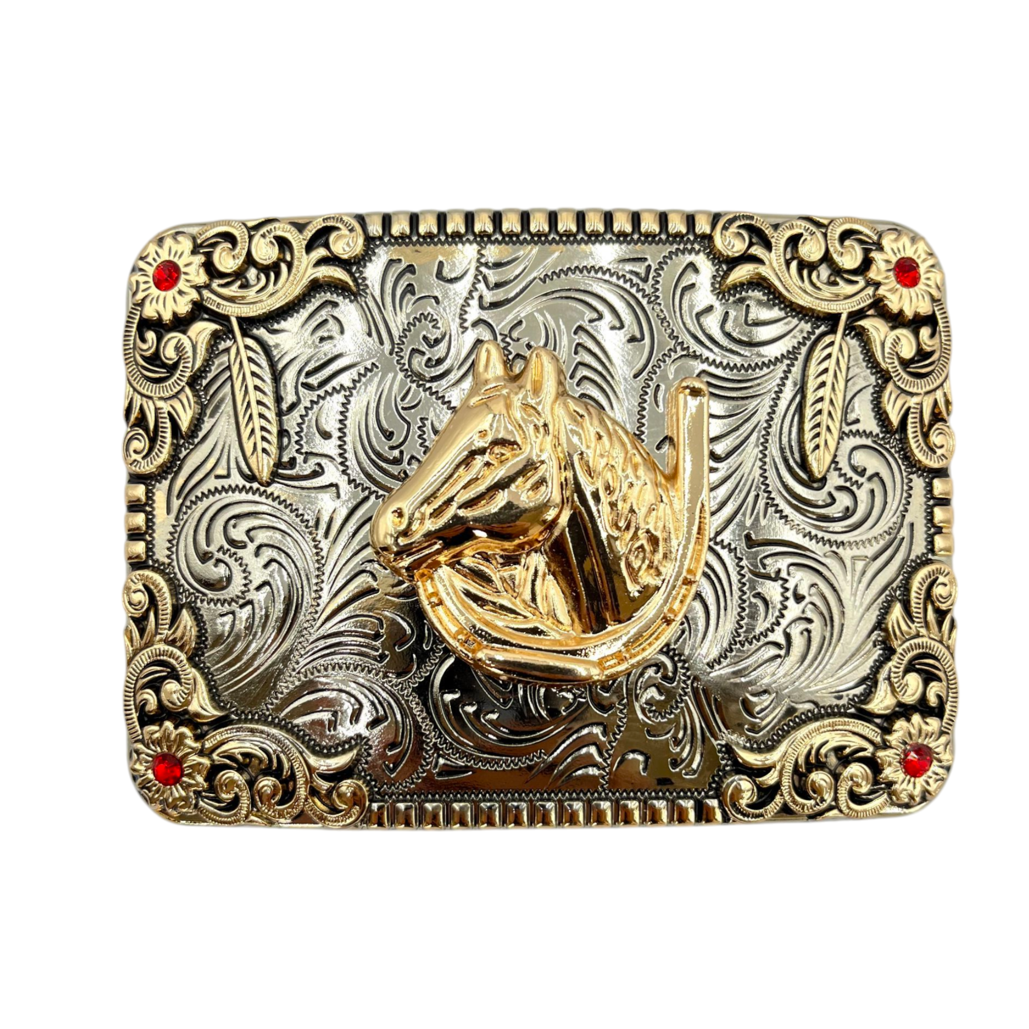 HEBILLA DE ALPACAR VAQUERA CUADRADA PIEDRAS ROJAS, PLATA/ORO MODELO HERRADURA CON CABALLO