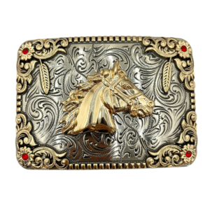 HEBILLA DE ALPACAR VAQUERA CUADRADA PIEDRAS ROJAS, PLATA/ORO MODELO CON CABALLO