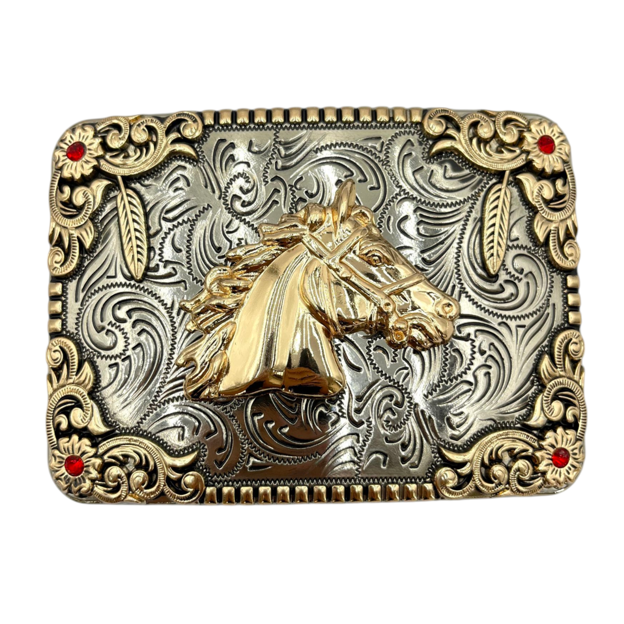 2025/07/1000210644.png HEBILLA DE ALPACAR VAQUERA CUADRADA PIEDRAS ROJAS, PLATA/ORO MODELO CON CABALLO