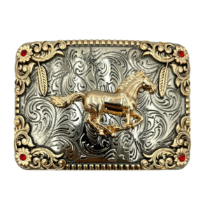 HEBILLA DE ALPACAR VAQUERA CUADRADA PIEDRAS ROJAS, PLATA/ORO MODELO CON CABALLO BRONCO
