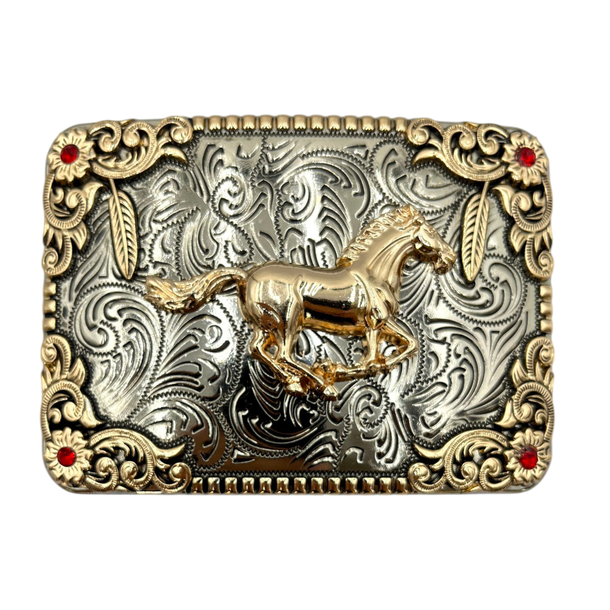 2025/07/1000210645.png HEBILLA DE ALPACAR VAQUERA CUADRADA PIEDRAS ROJAS, PLATA/ORO MODELO CON CABALLO BRONCO