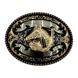 HEBILLA DE ALPACAR VAQUERA REDONDA MODELO PERGAMINO CON FIGURA DE HERRADURA CABALLO