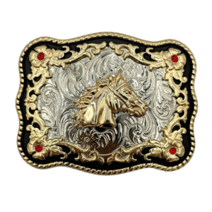 HEBILLA DE ALPACAR VAQUERA ONDULADA CON FLOR Y PIEDRA ROJA CON CABALLO