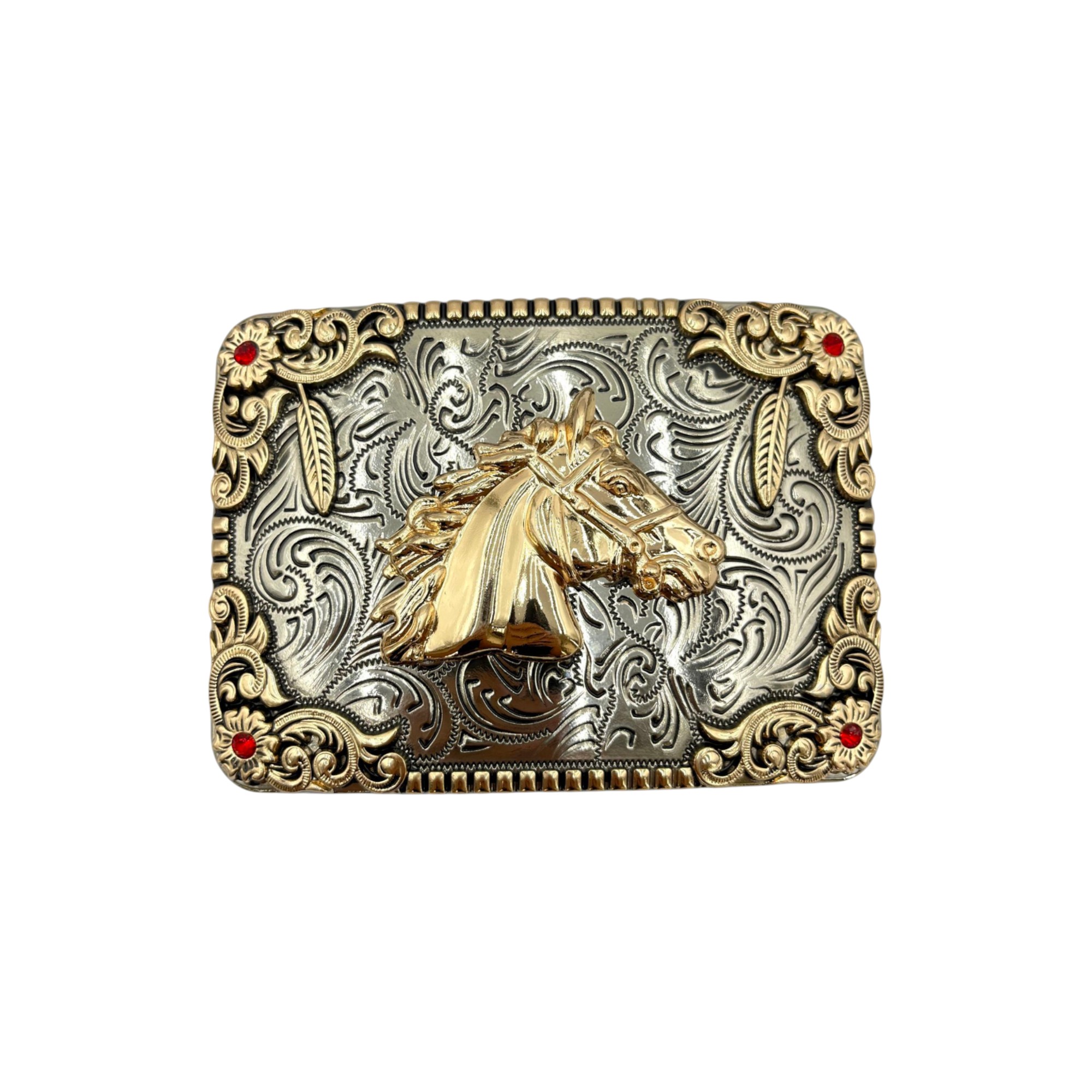 1000210644-Photoroom HEBILLA DE ALPACAR VAQUERA CUADRADA PIEDRAS ROJAS, PLATA/ORO MODELO CON CABALLO