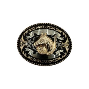 HEBILLA DE ALPACAR VAQUERA REDONDA MODELO PERGAMINO CON FIGURA DE HERRADURA CABALLO