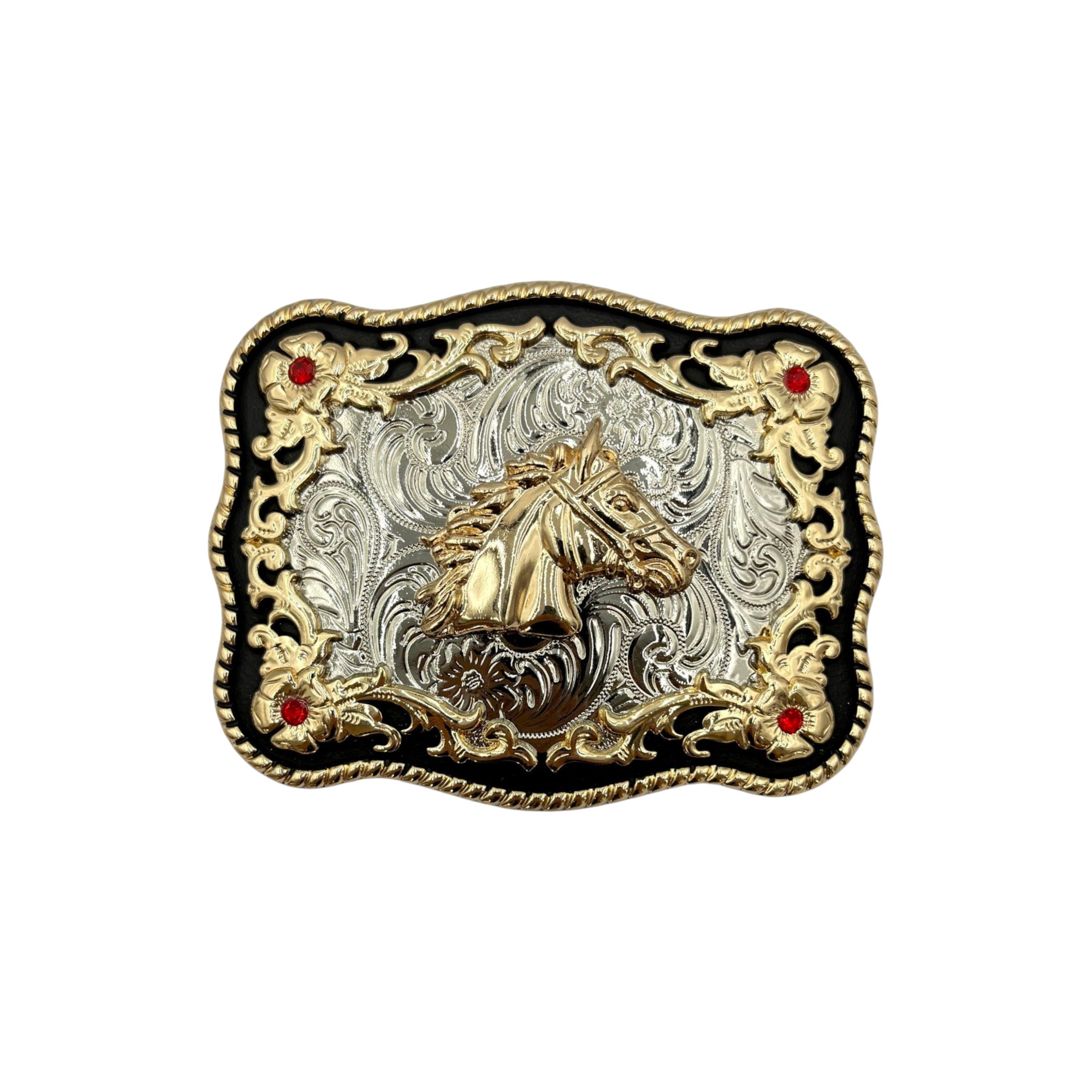 HEBILLA DE ALPACAR VAQUERA ONDULADA CON FLOR Y PIEDRA ROJA CON CABALLO