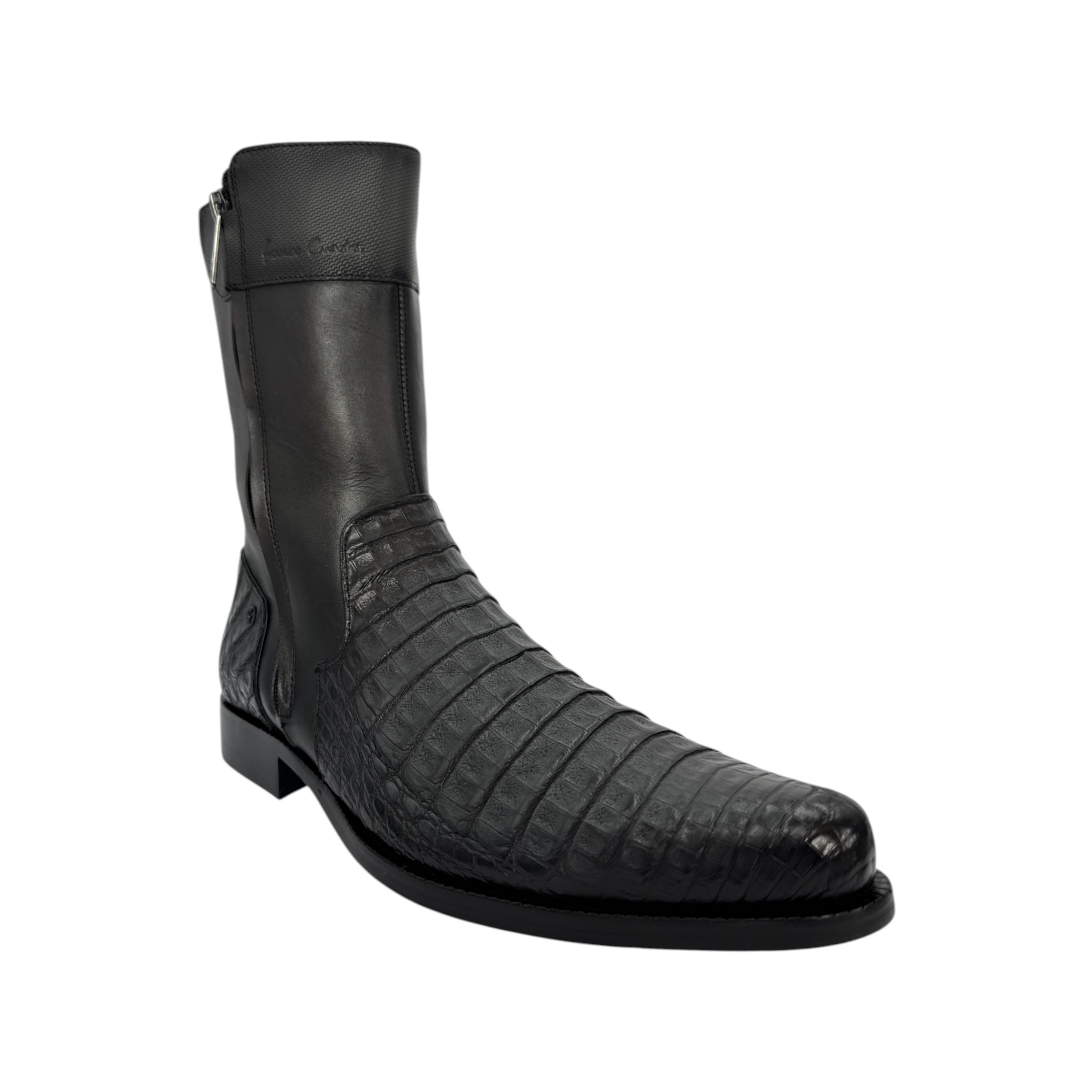 BOTA CUADRA DE VESTIR EN PIEL GENUINA DE CAIMÁN GRIS PARA CABALLERO.