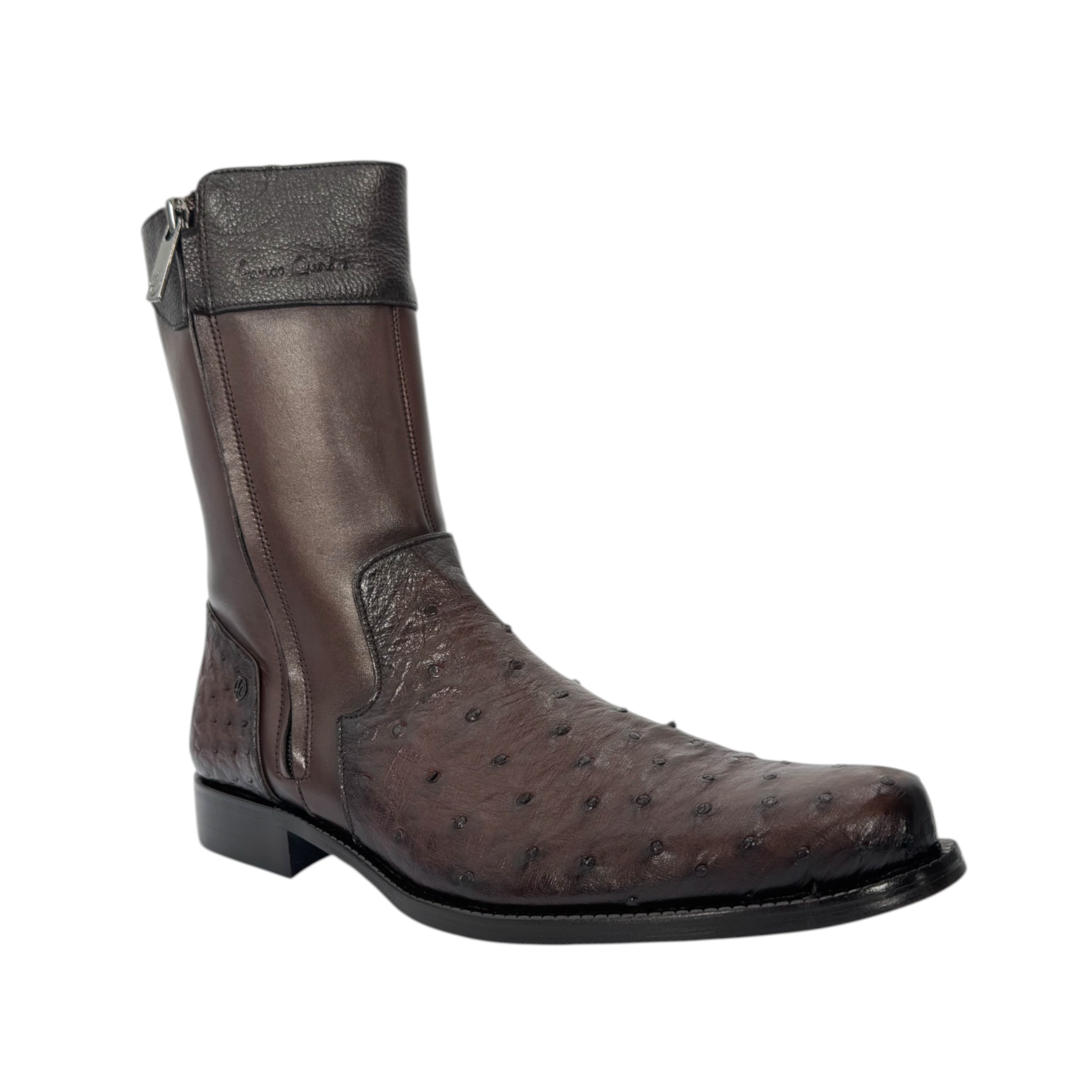 BOTA CUADRA DE VESTIR EN PIEL GENUINA DE AVESTRUZ CAFE PARA CABALLERO.