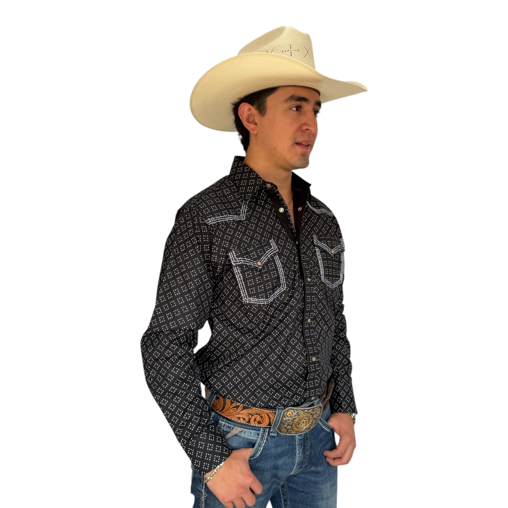 CAMISA RODEO WEST ESTAMPADO GEOMETRICO NEGRO CON BLANCO.