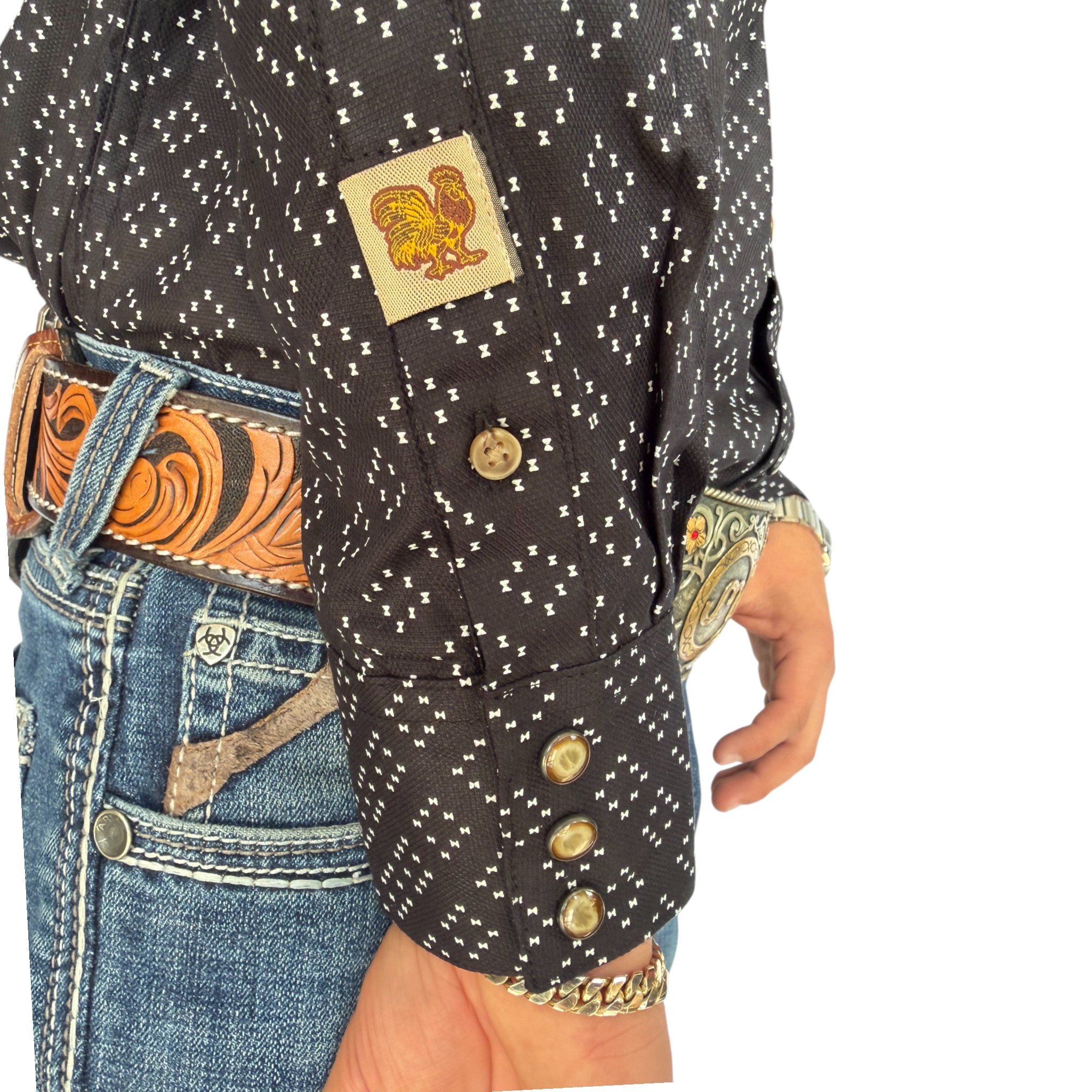 CAMISA RODEO WEST ESTAMPADO GEOMETRICO NEGRO CON BLANCO.