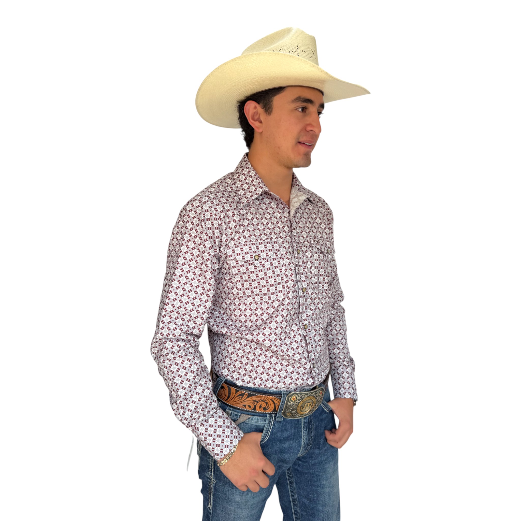 CAMISA RODEO WEST ESTAMPADO BURDEO.