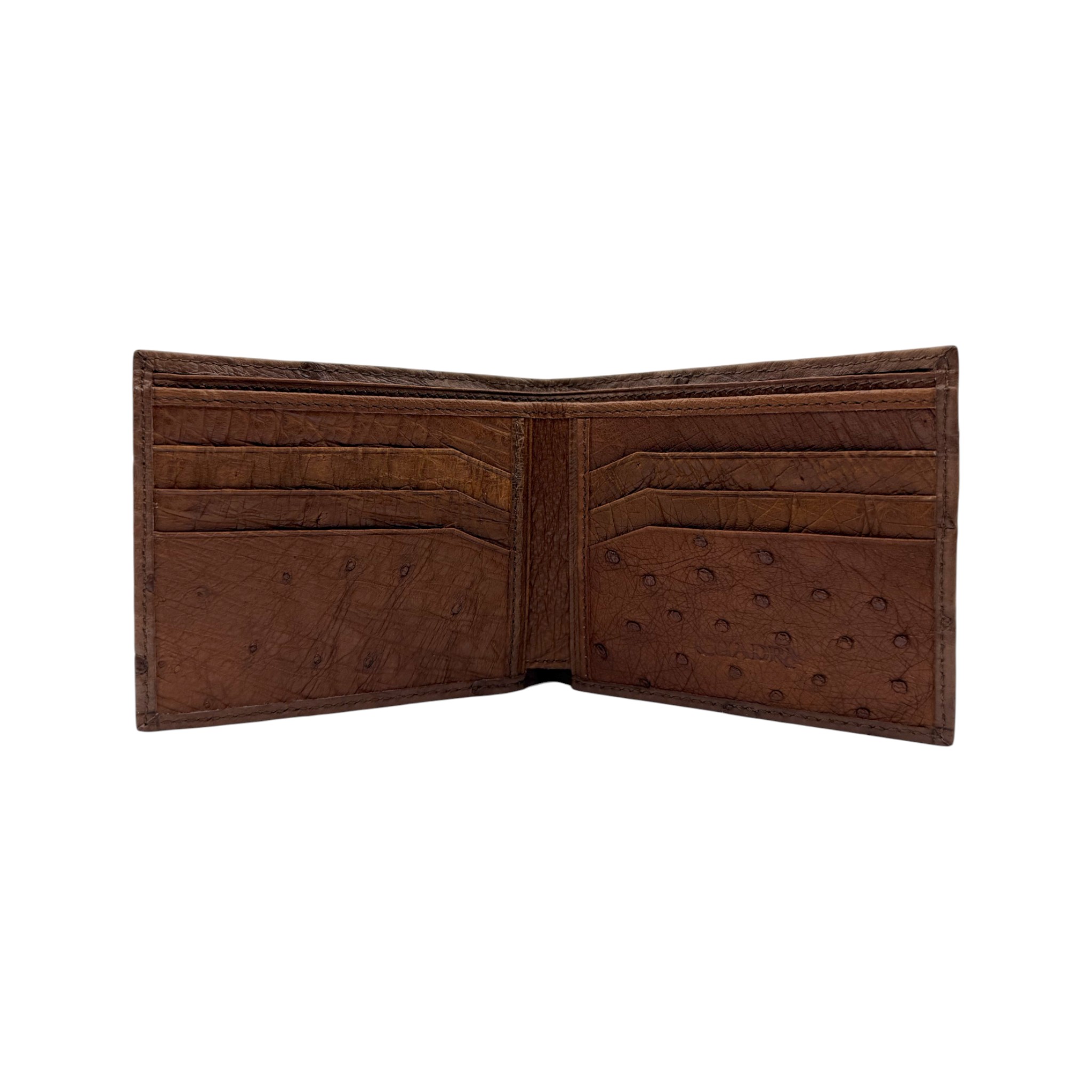 CARTERA CUADRA EN PIEL GENUINA DE AVESTRUZ COLOR TANGO TABACO.