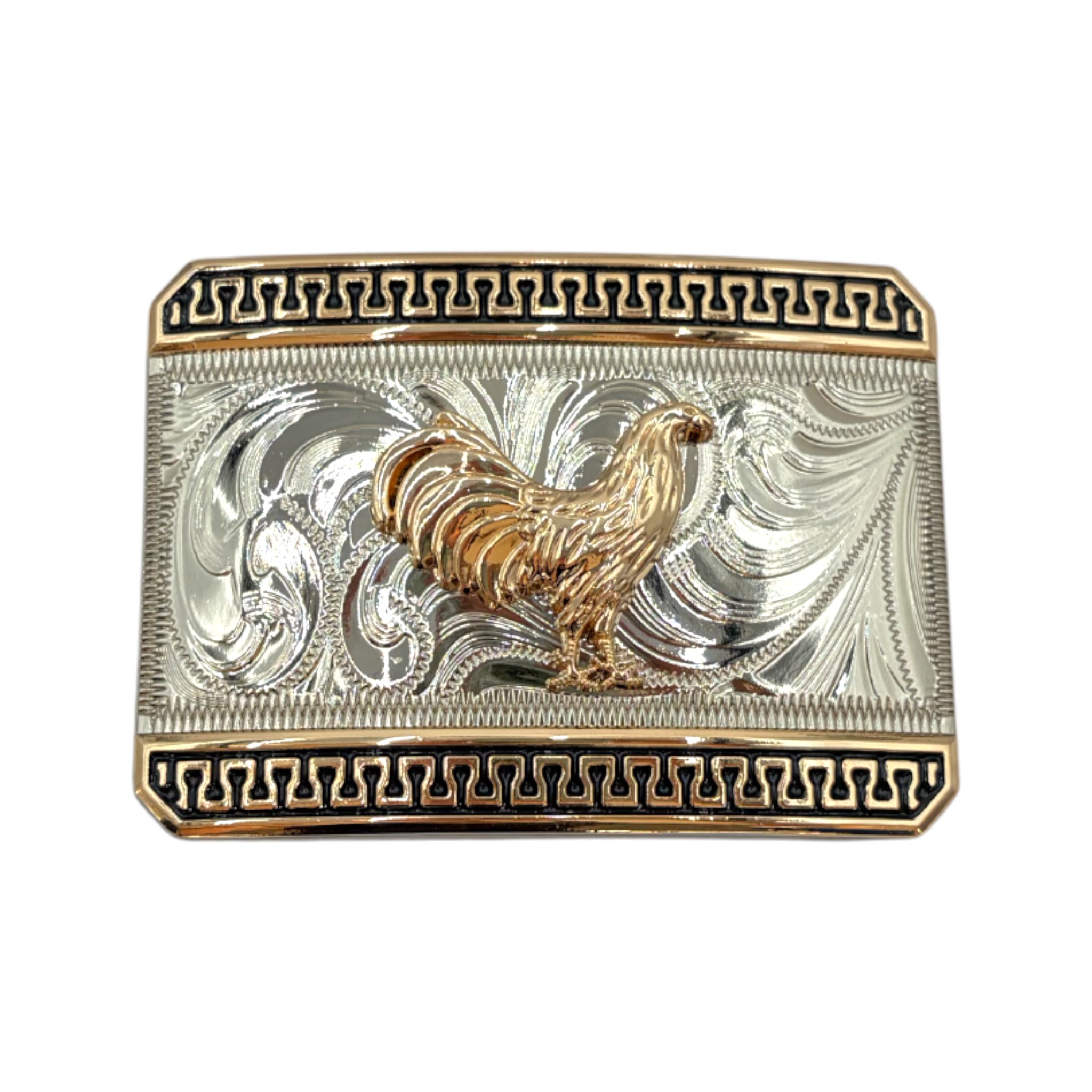 HEBILLA ALPACAR VAQUERA CUADRADA COLOR PLATA CON GRECA Y GALLO.