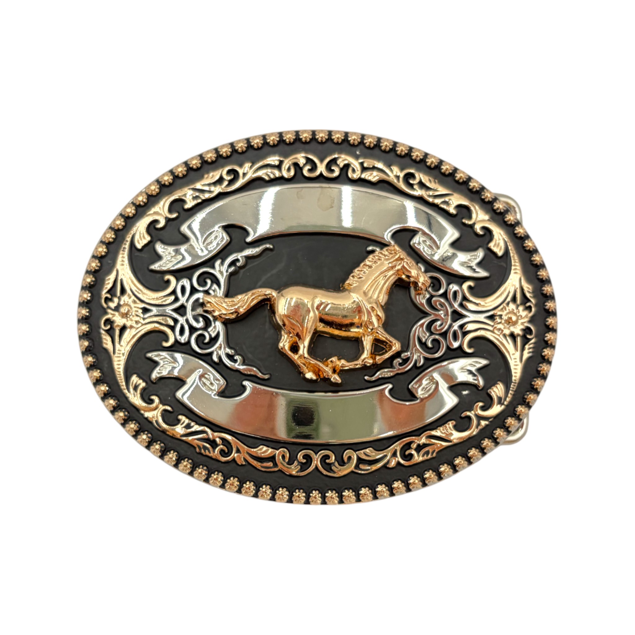 HEBILLA DE ALPACAR VAQUERA REDONDA MODELO PERGAMINO CON FIGURA DE BRONCO.