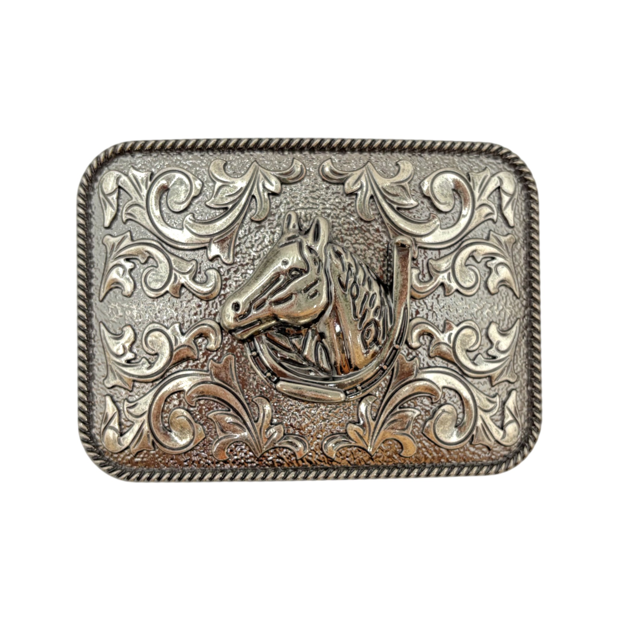 HEBILLA ALPACAR VAQUERA CUADRADA COLOR GRIS HERRADURA CON CABALLO.