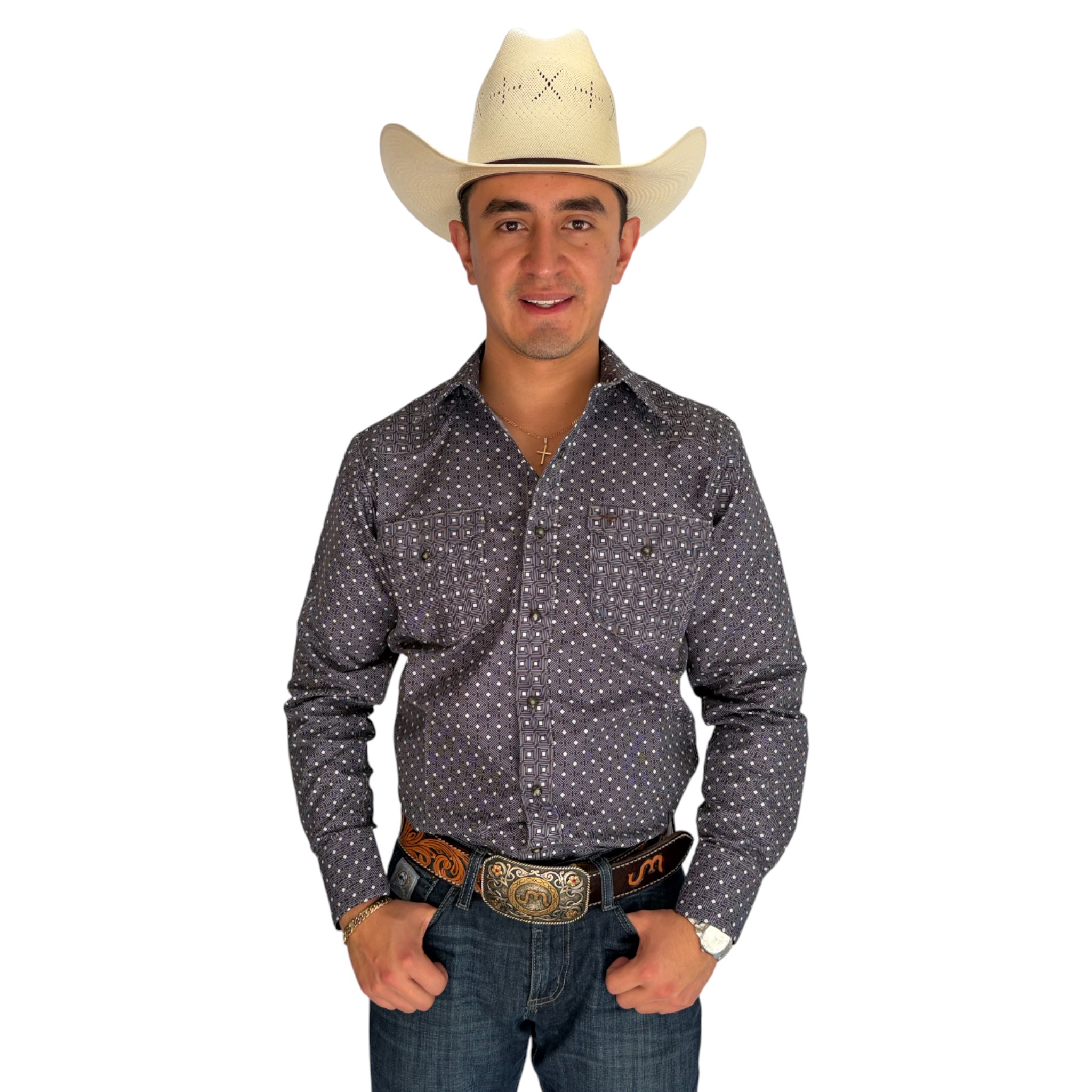 CAMISA RODEO WEST CABALLERO GRIS ESTAMPADO GEOMETRICO.