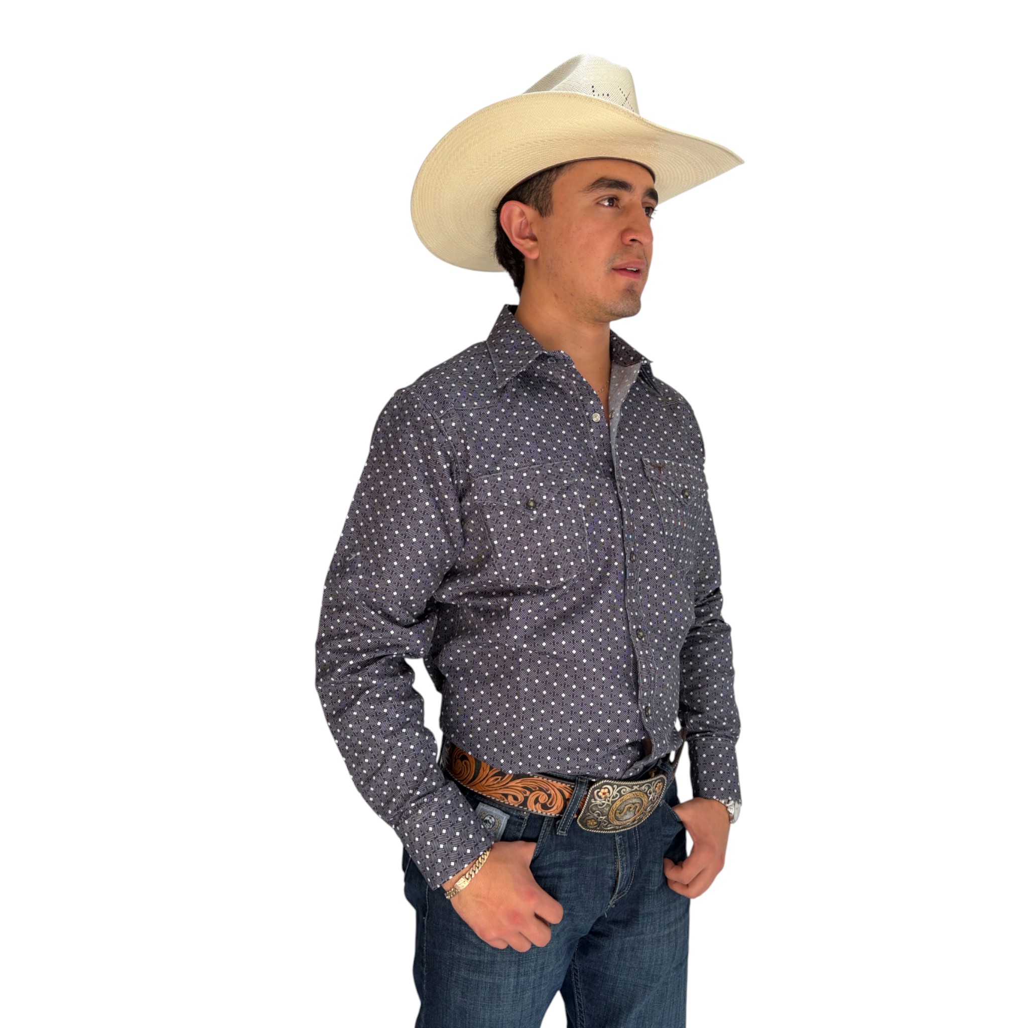 CAMISA RODEO WEST CABALLERO GRIS ESTAMPADO GEOMETRICO.