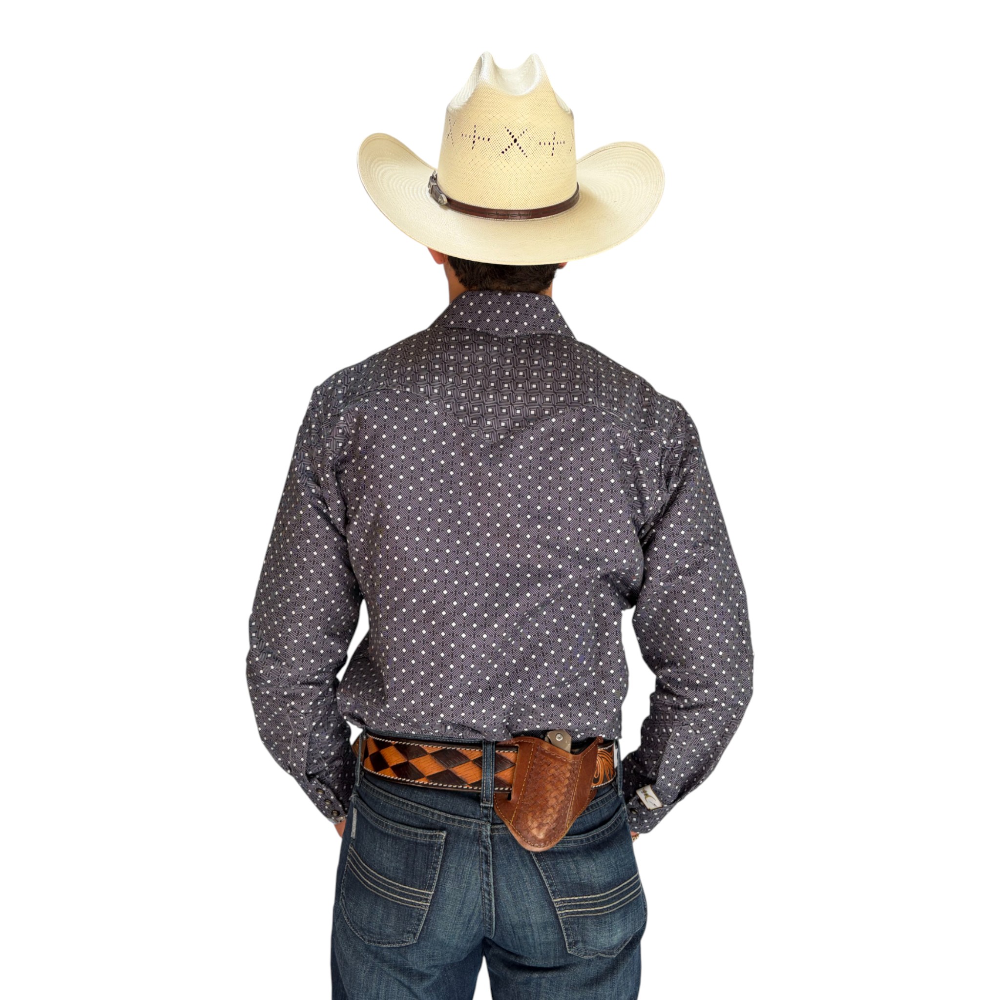 CAMISA RODEO WEST CABALLERO GRIS ESTAMPADO GEOMETRICO.