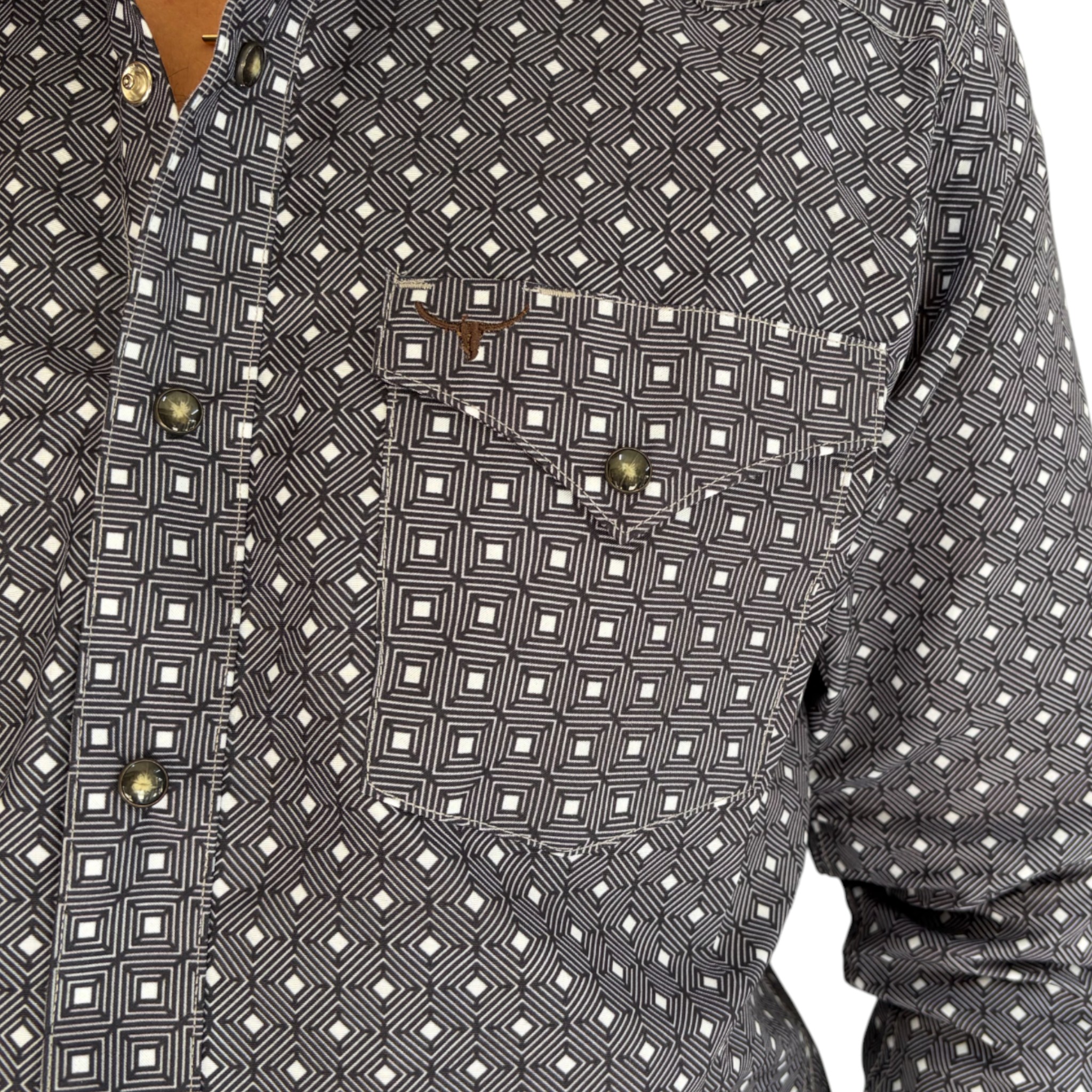 CAMISA RODEO WEST CABALLERO GRIS ESTAMPADO GEOMETRICO.