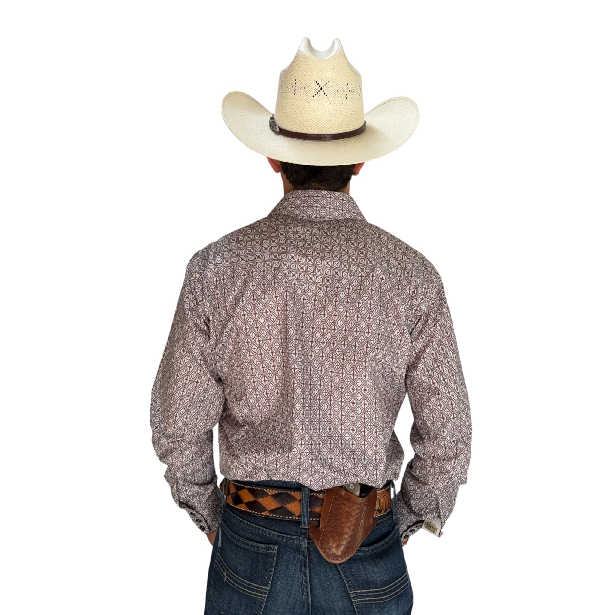 CAMISA RODEO WEST CABALLERO BLANCO CON ROJO ESTAMPADO GEOMETRICO.