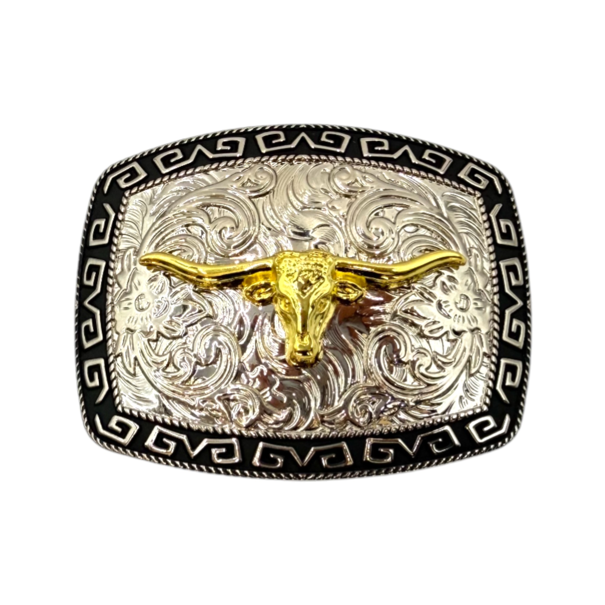 HEBILLA ALPACAR VAQUERA SEMI OVAL COLOR PLATA CON GRECA Y TORO.