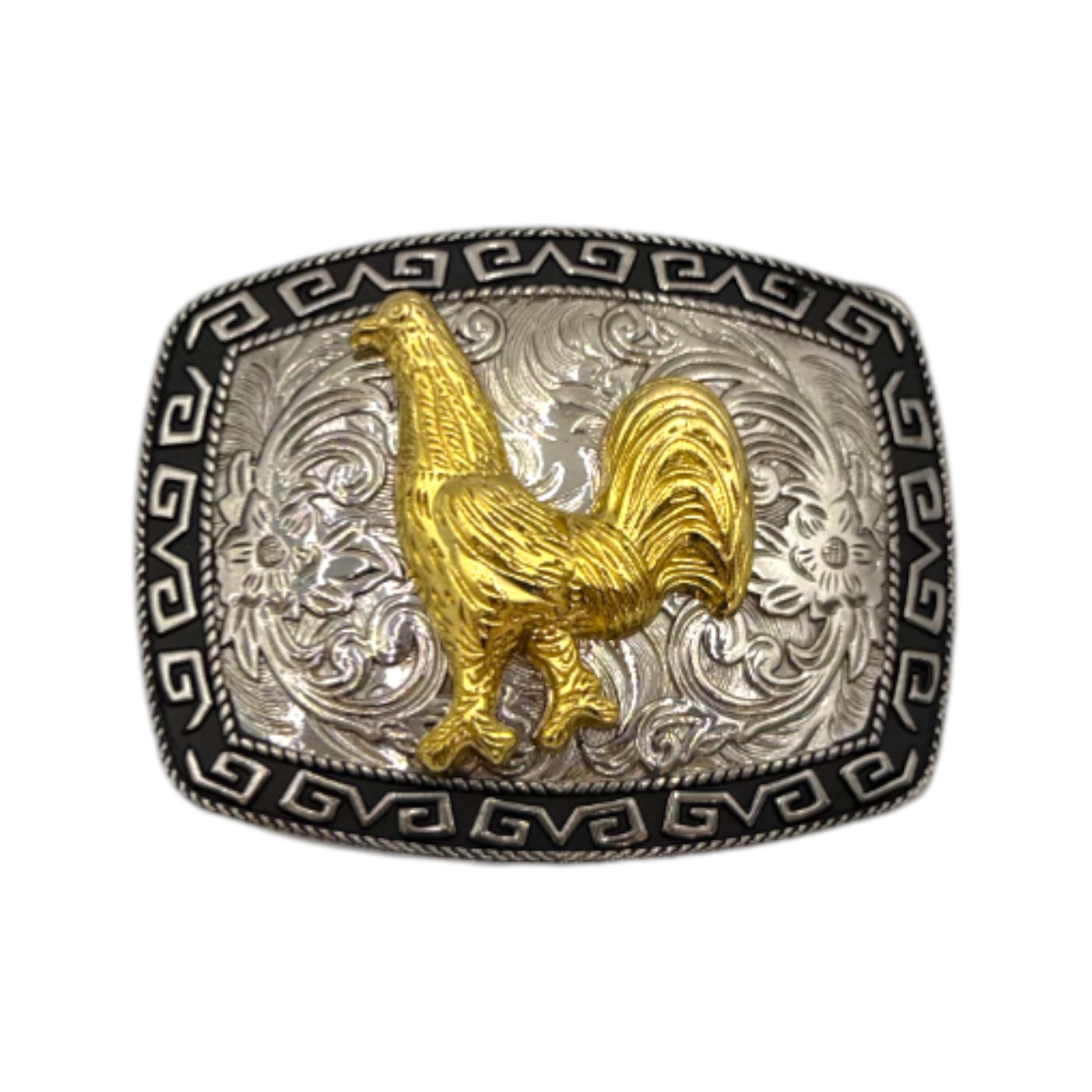 HEBILLA ALPACAR VAQUERA SEMI OVAL COLOR PLATA CON GALLO.