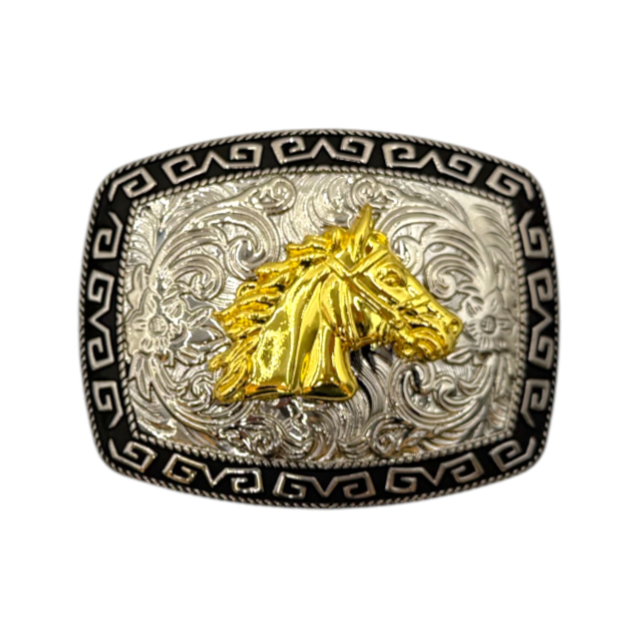 HEBILLA ALPACAR VAQUERA SEMI OVAL COLOR PLATA CON CABALLO.