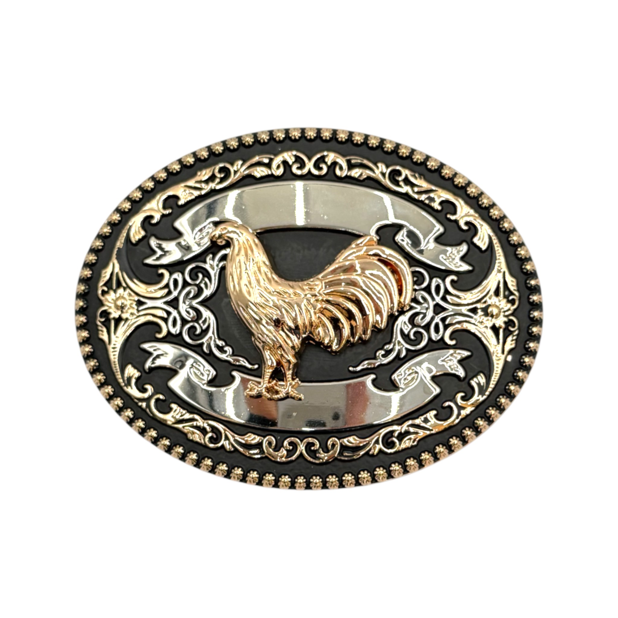 HEBILLA DE ALPACAR VAQUERA REDONDA MODELO PERGAMINO CON FIGURA DE GALLO.