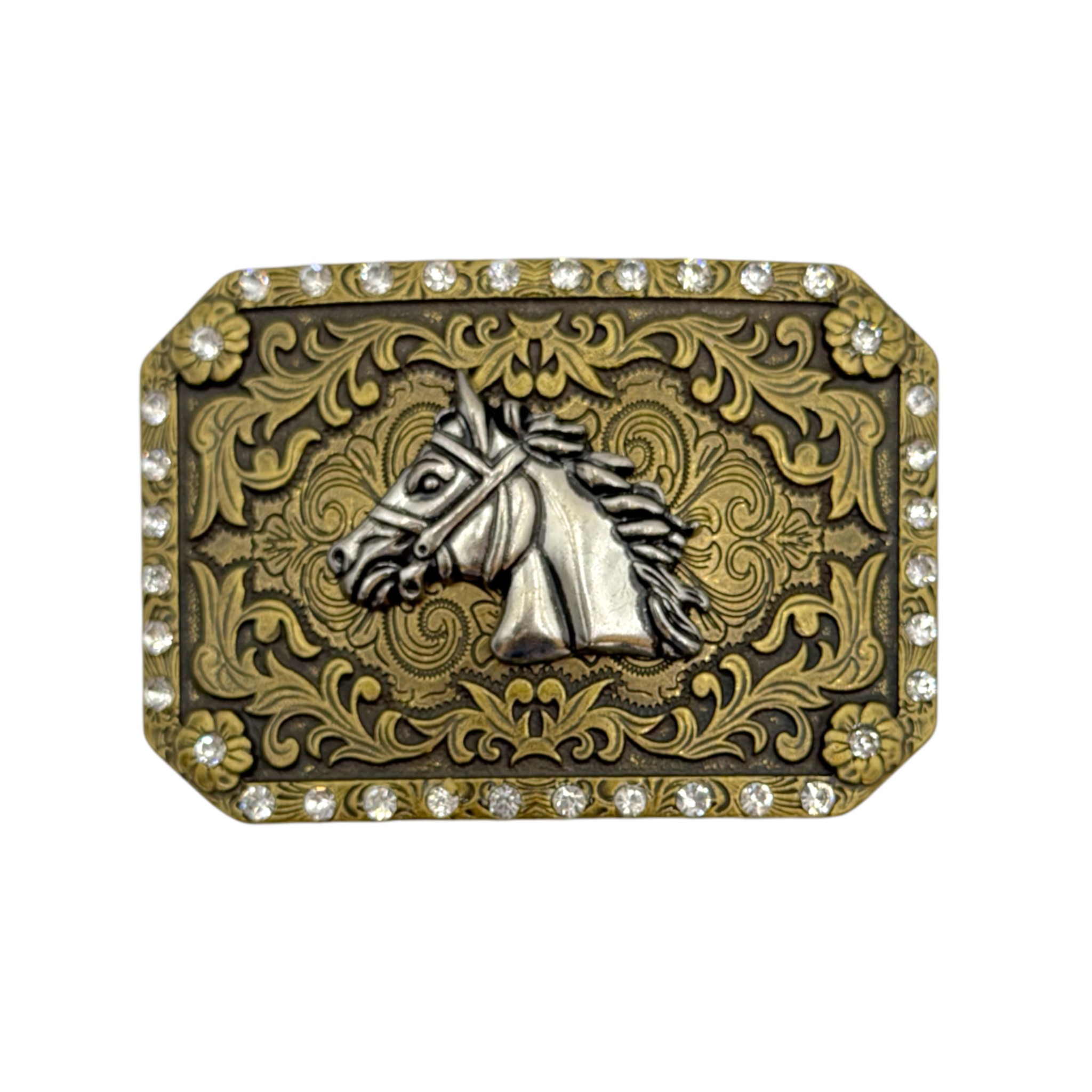 HEBILLA ALPACAR VAQUERA PIEDRAS COLOR OXIDO CON FIGURA DE CABALLO.