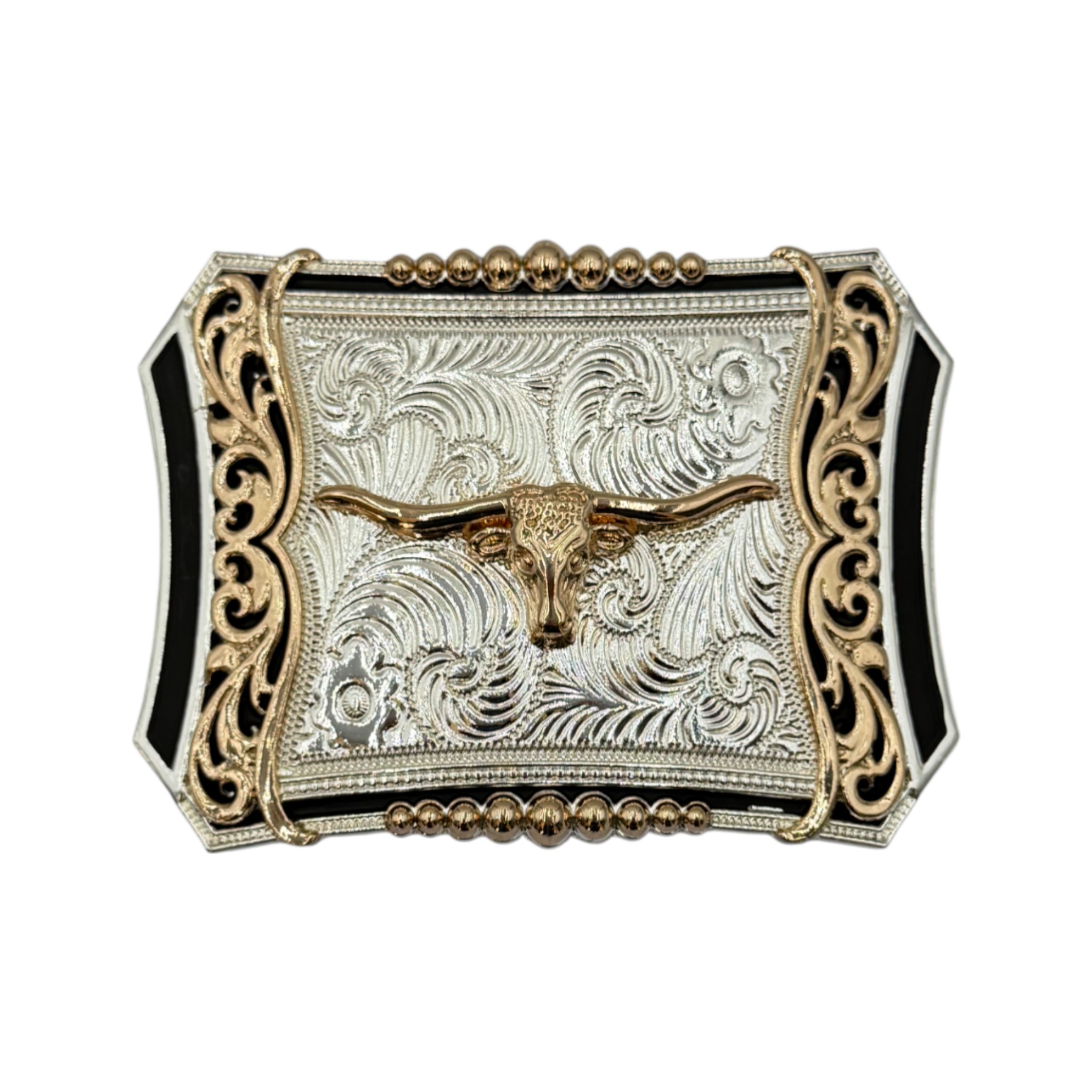 HEBILLA DE ALPACAR VAQUERA 8 PUNTAS, CON PERLAS Y FIGURA DE TORO.