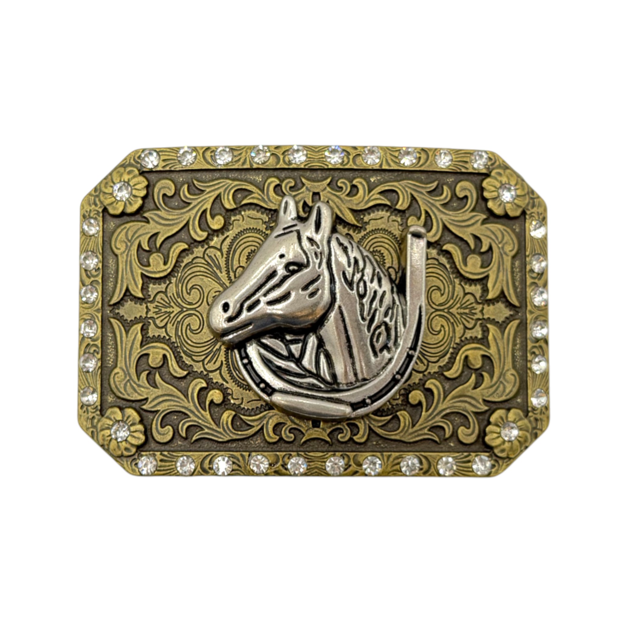 HEBILLA ALPACAR VAQUERA PIEDRAS COLOR OXIDO CON FIGURA DE HERRADURA CON CABALLO.