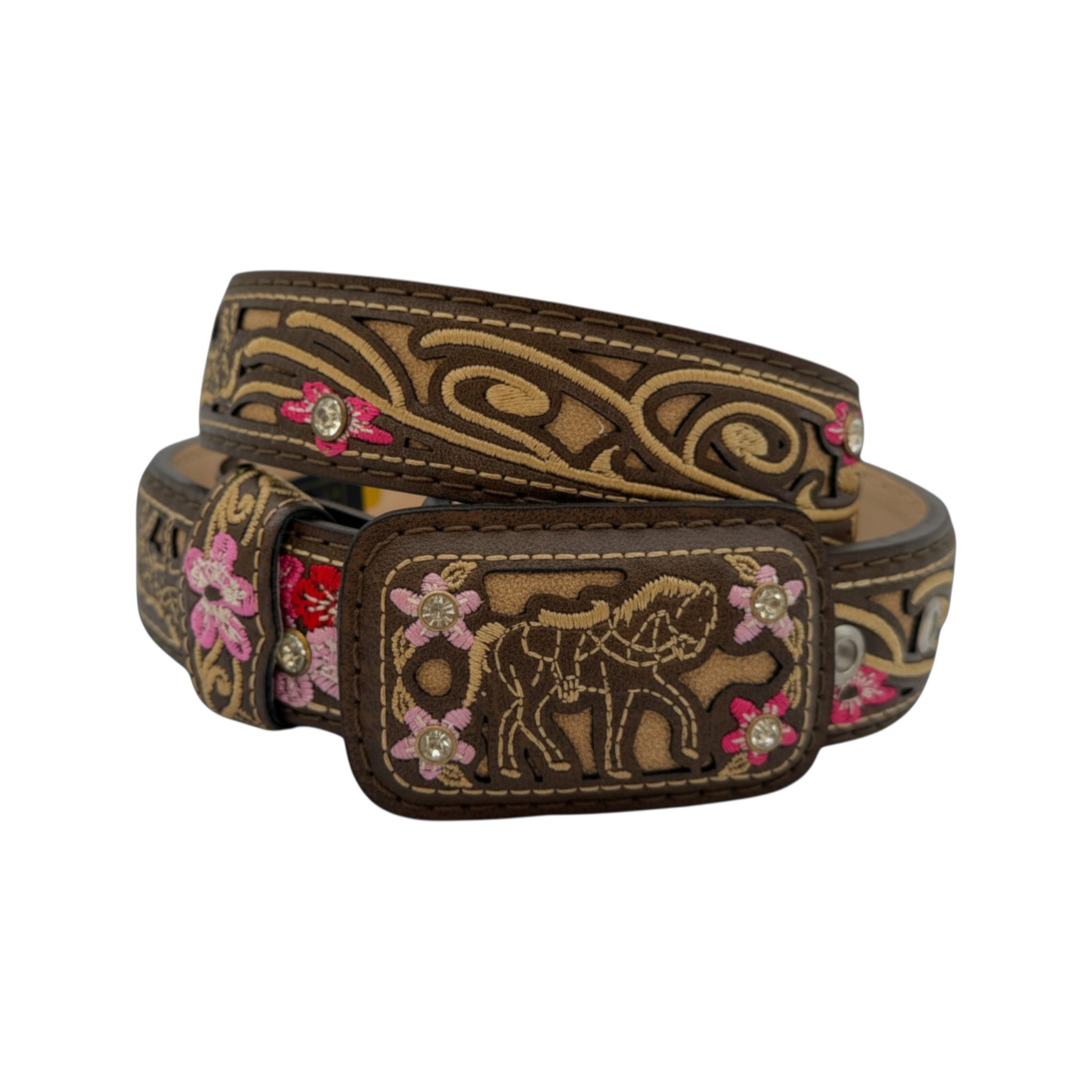 CINTO NIÑA BORDADO NAVAJEADO CAFÉ/ROSA.