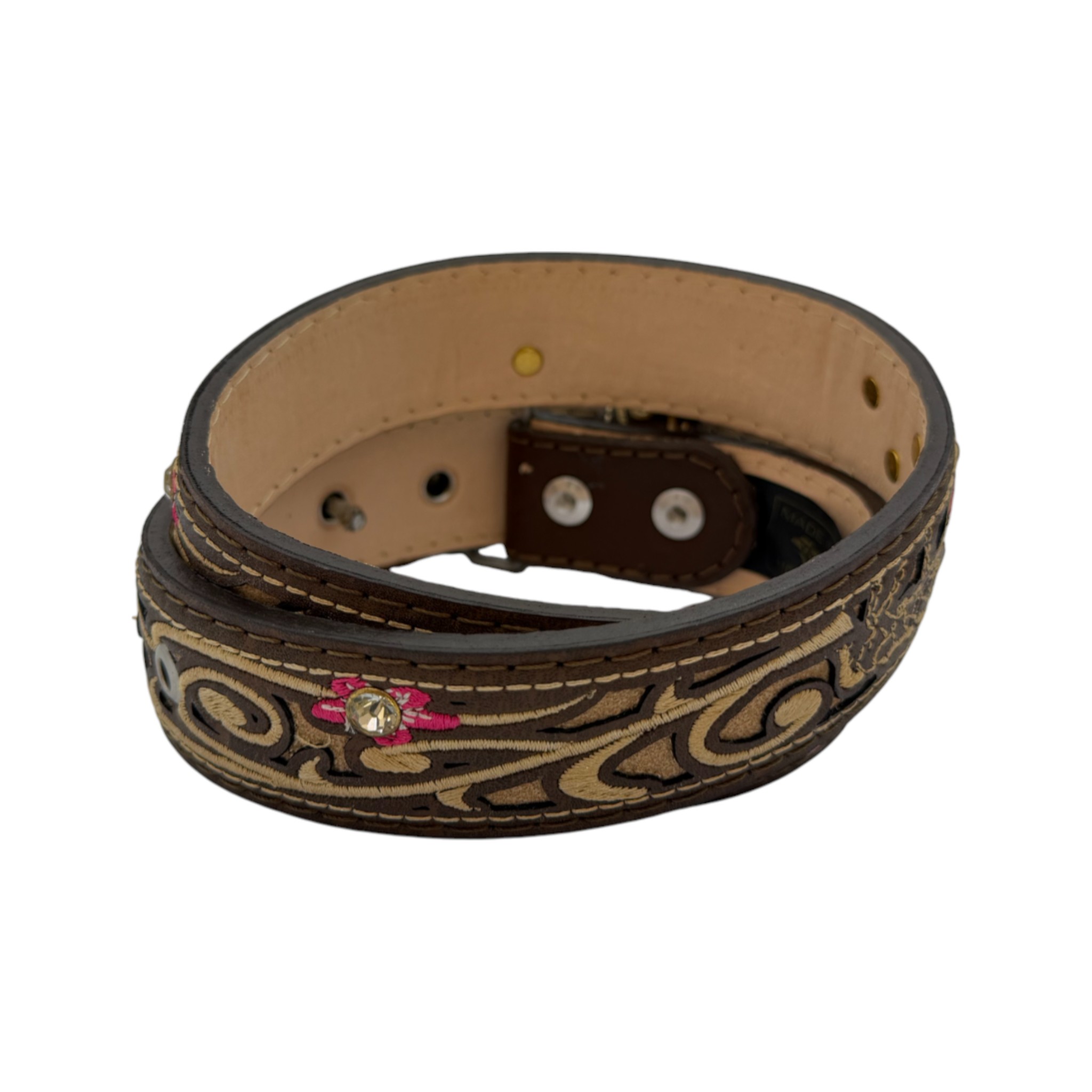 CINTO NIÑA BORDADO NAVAJEADO CAFÉ/ROSA.