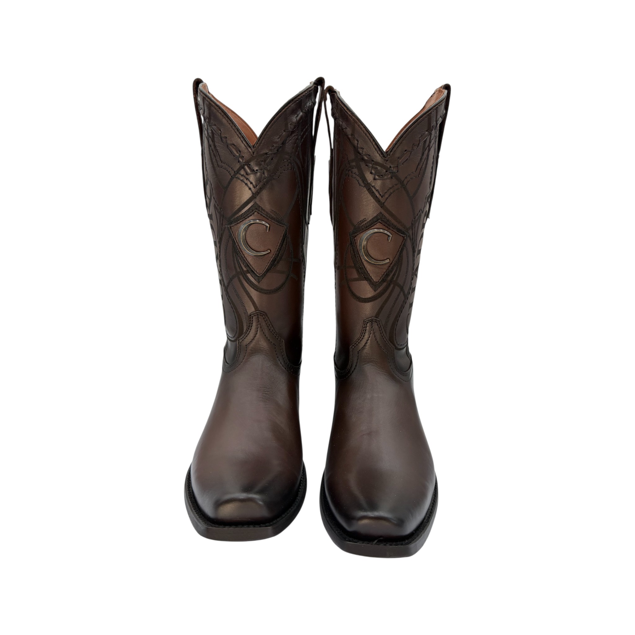 BOTA CUADRA DE CABALLERO EN PIEL GENUINA DE RES COLOR CAFÉ OSCURO