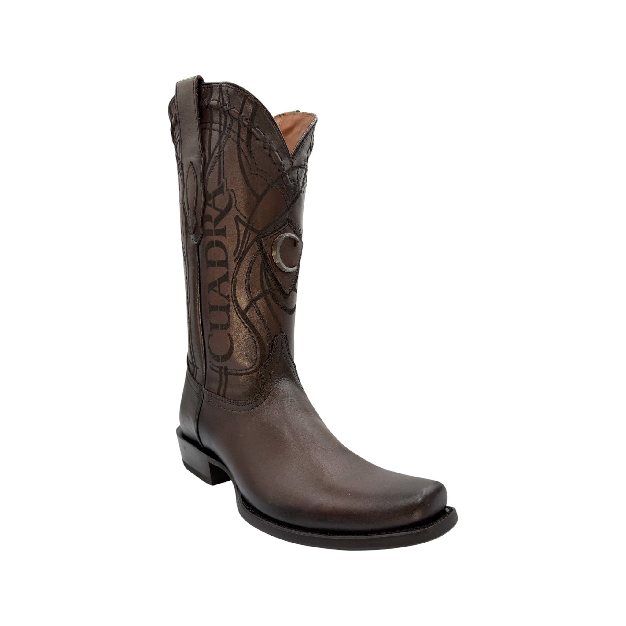 BOTA CUADRA DE CABALLERO EN PIEL GENUINA DE RES COLOR CAFÉ OSCURO