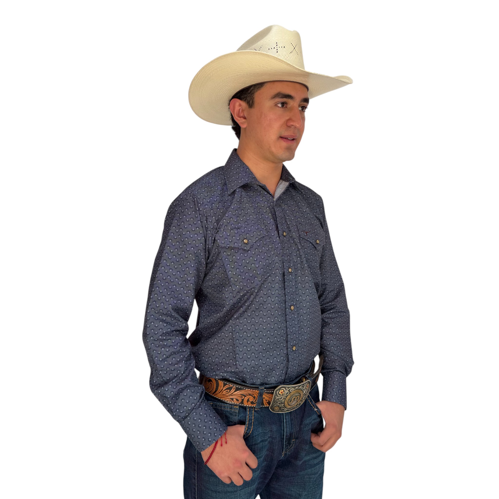 CAMISA RODEO WEST CABALLERO AZUL CON ESTAMPADO GEOMETRICO BLANCO