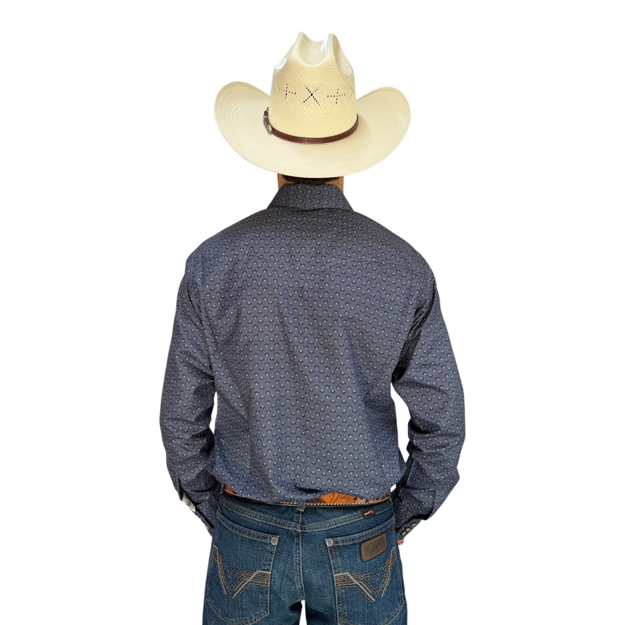 CAMISA RODEO WEST CABALLERO AZUL CON ESTAMPADO GEOMETRICO BLANCO