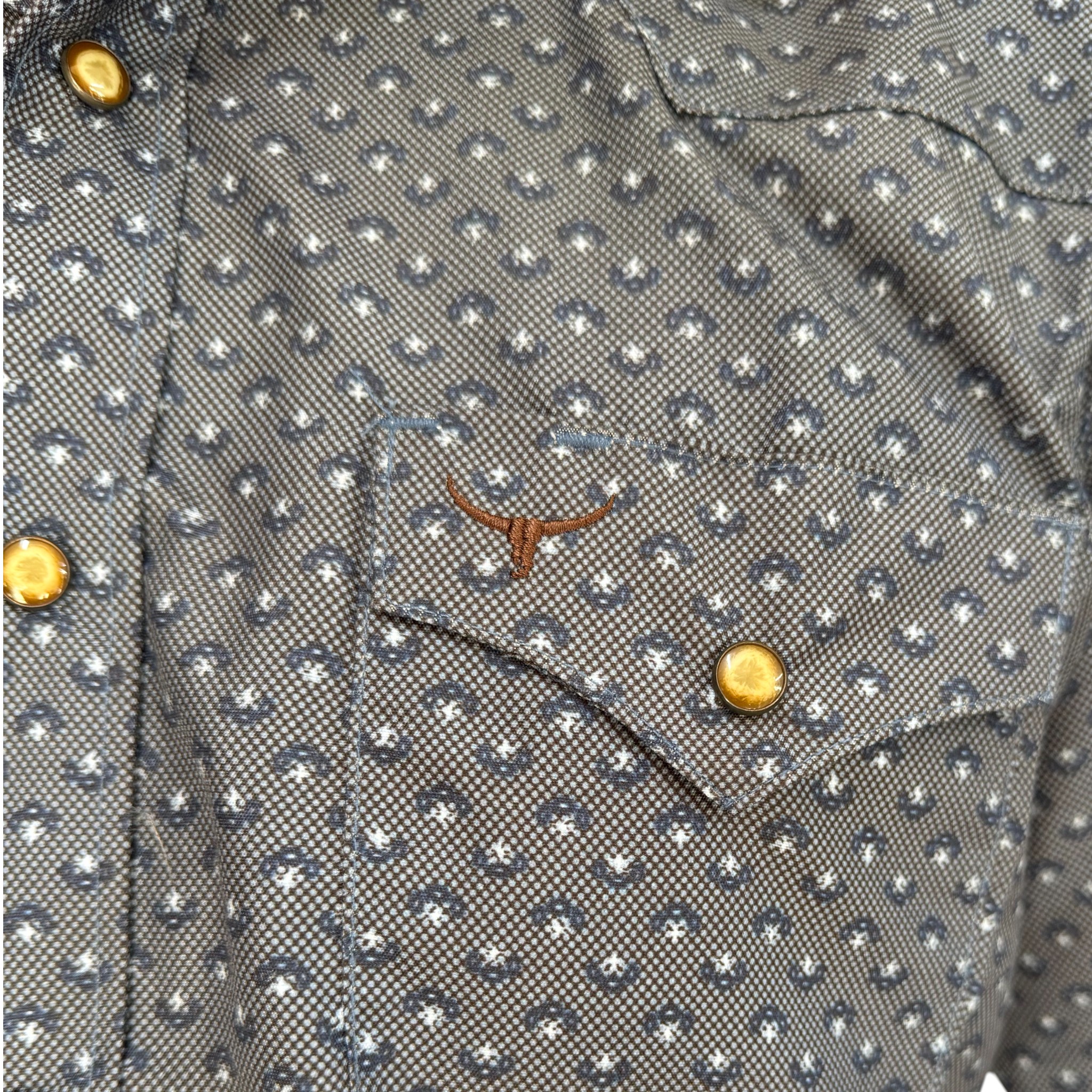 CAMISA RODEO WEST CABALLERO AZUL CON ESTAMPADO GEOMETRICO BLANCO