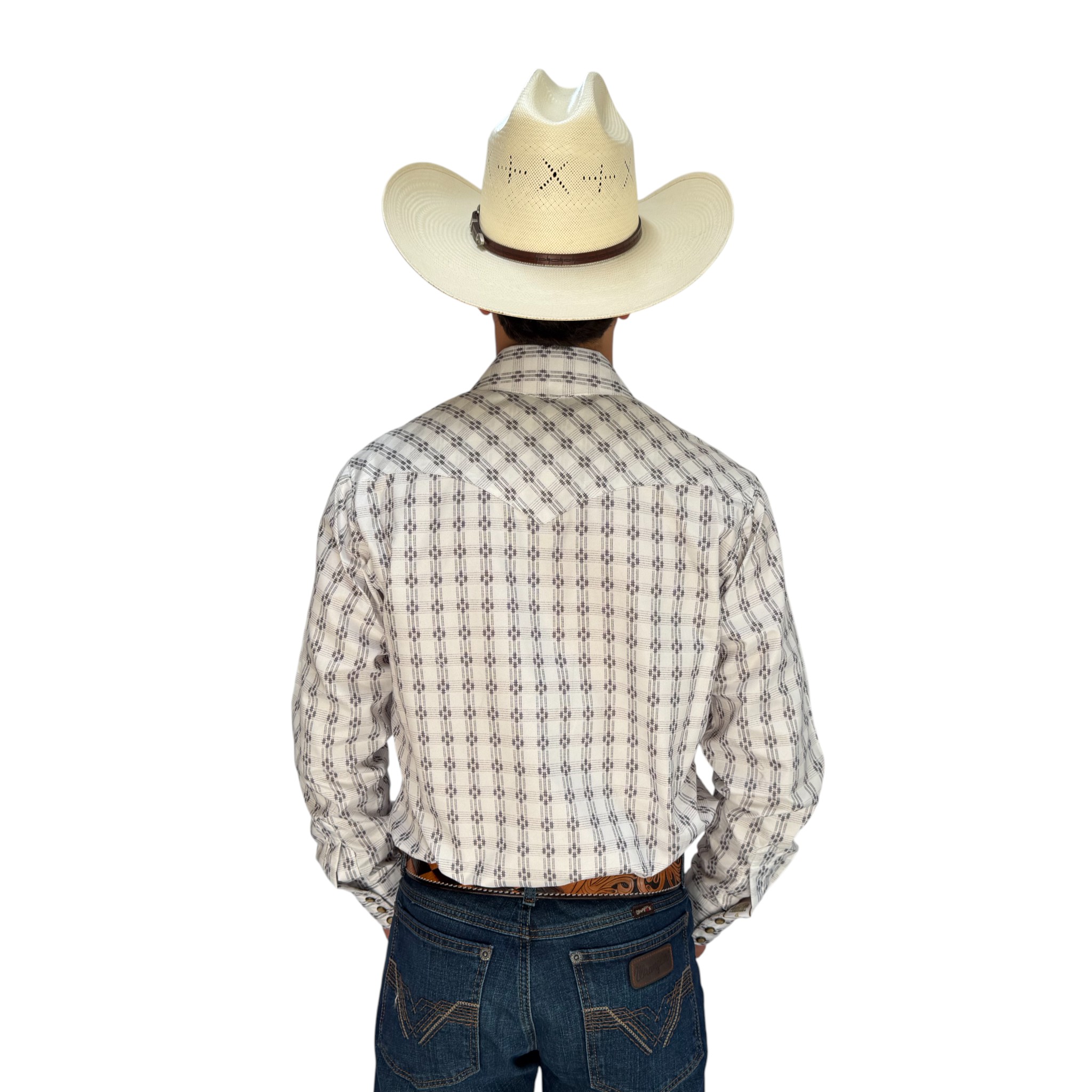CAMISA RODEO WEST DE CABALLERO BLANCA Y GRIS CON DISEÑO GEOMÉTRICO